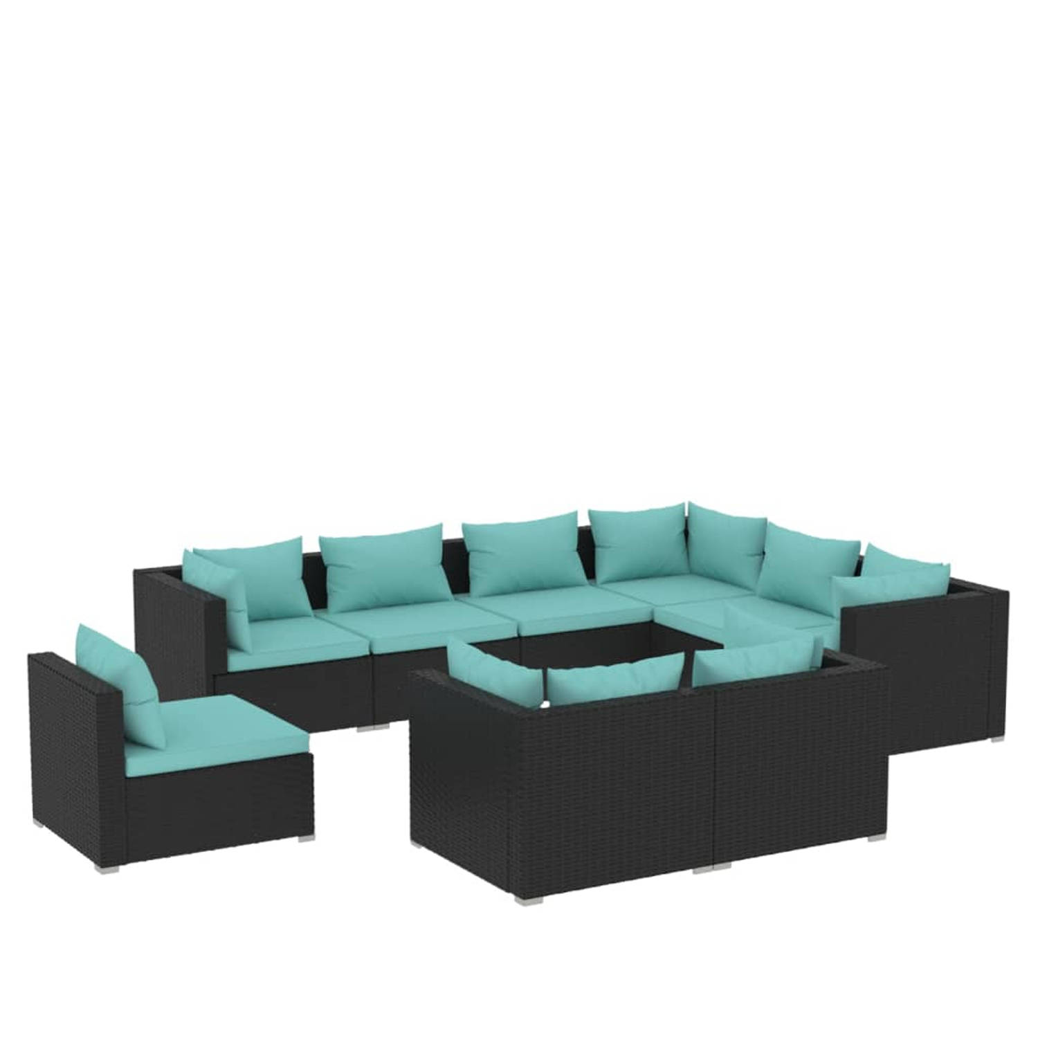The Living Store Loungeset Poly Rattan - 70x70x60.5 cm - Zwart - Waterblauwe Kussens