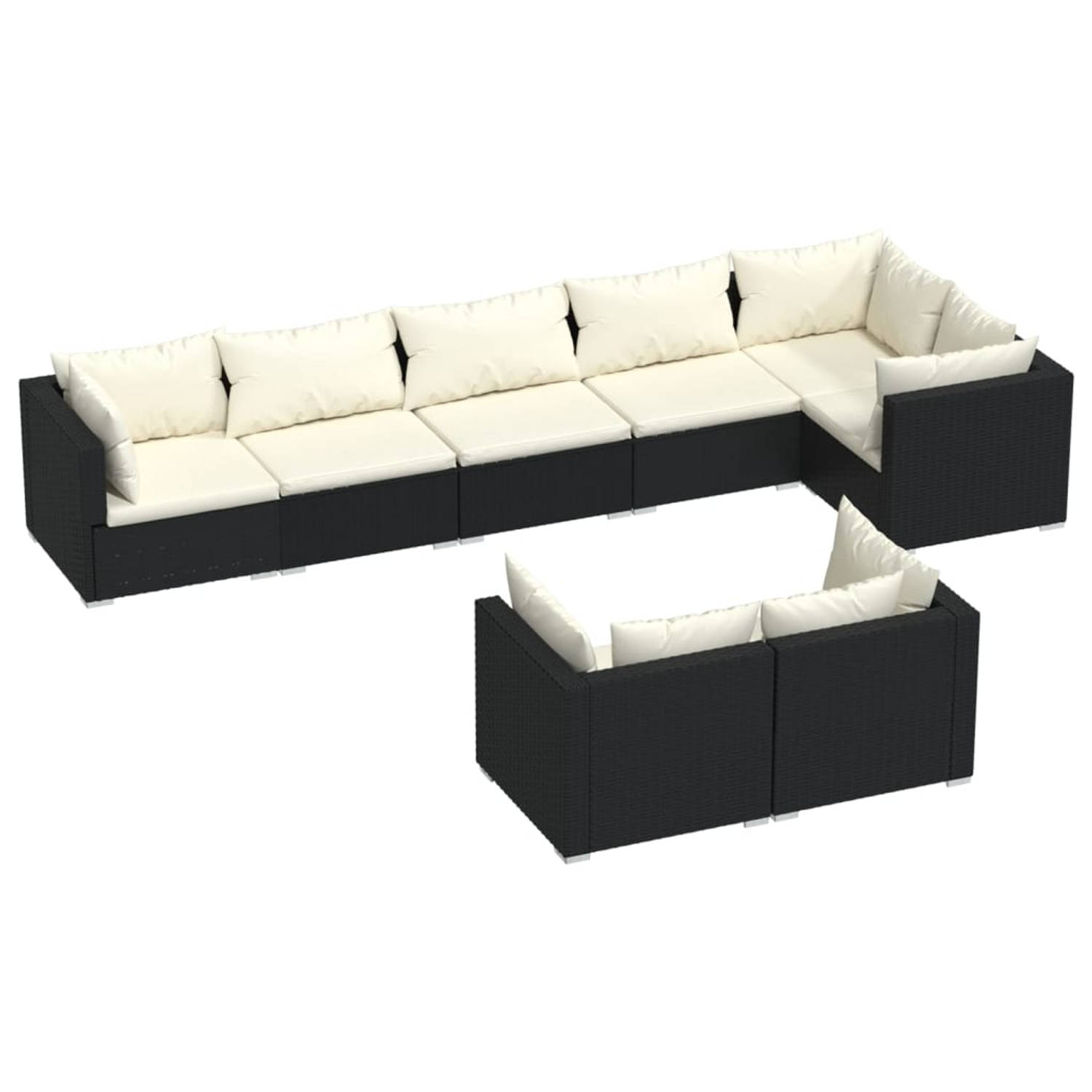 The Living Store loungeset - poly rattan - modulair design - zwart - 70x70x60.5cm - inclusief kussens