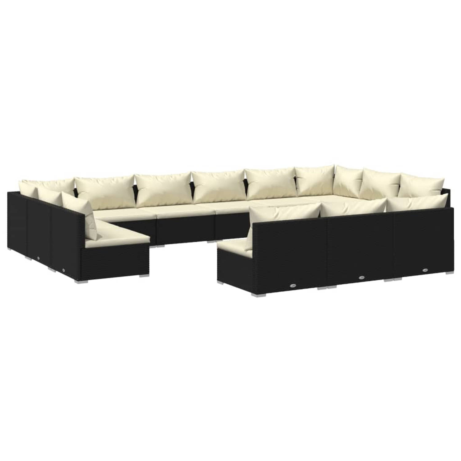 The Living Store 13-delige Loungeset met kussens poly rattan zwart - Tuinset