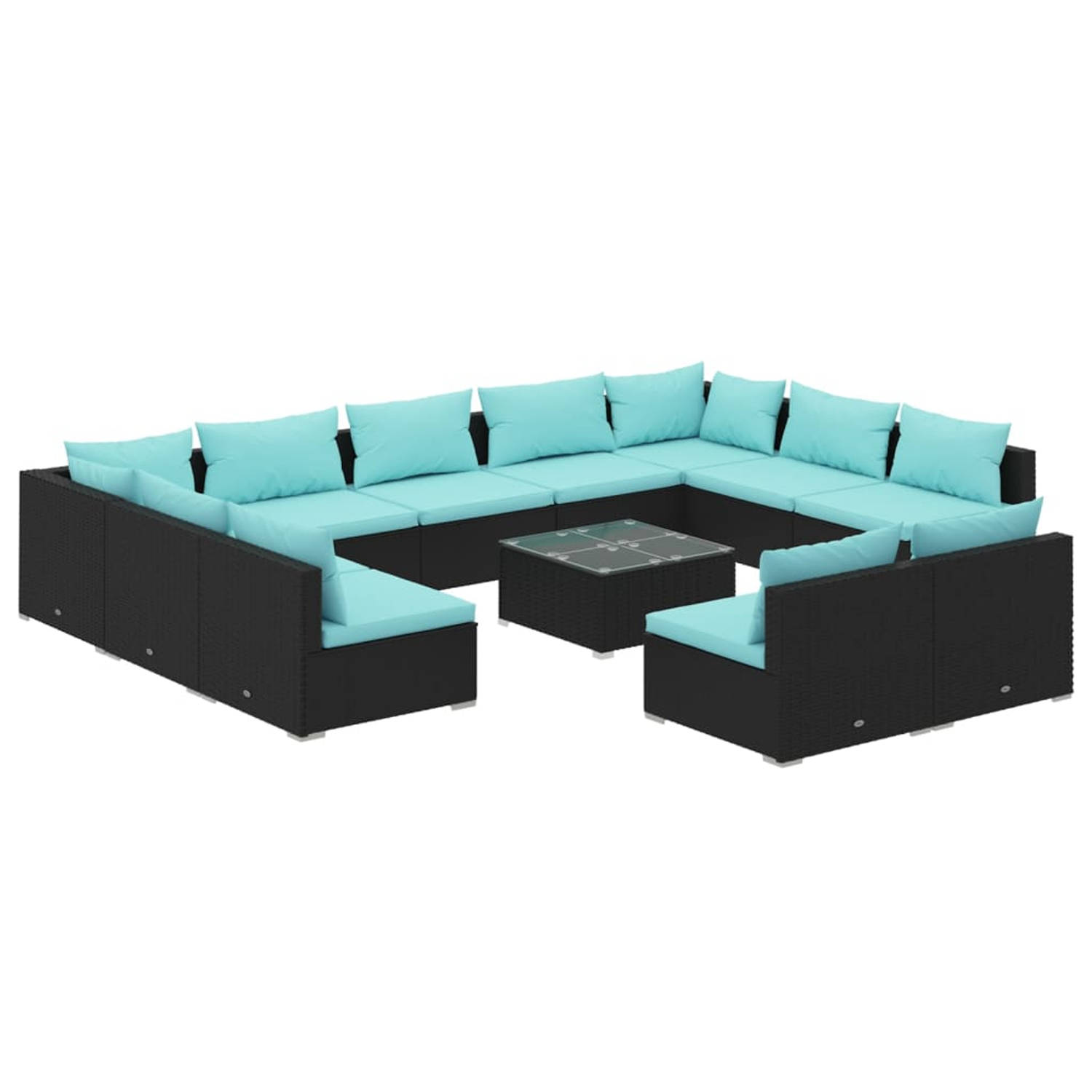 The Living Store Loungeset - PE-rattan - Modulair design - Waterbestendig - Zwart/waterblauw - 9x middenbank - 2x hoekbank - 1x tafel - 11x zitkussen - 13x rugkussen