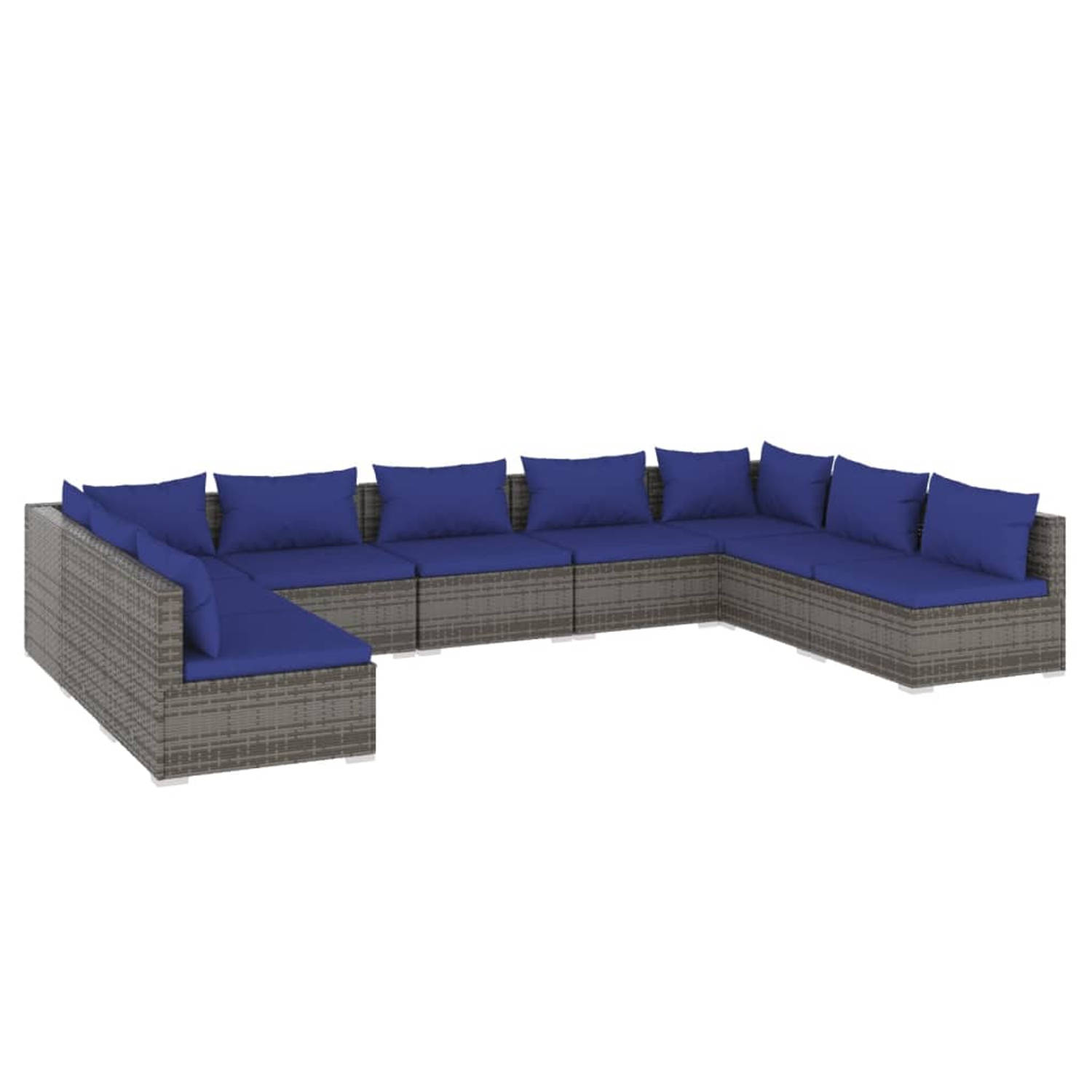 The Living Store 9-delige Loungeset met kussens poly rattan grijs - Tuinset