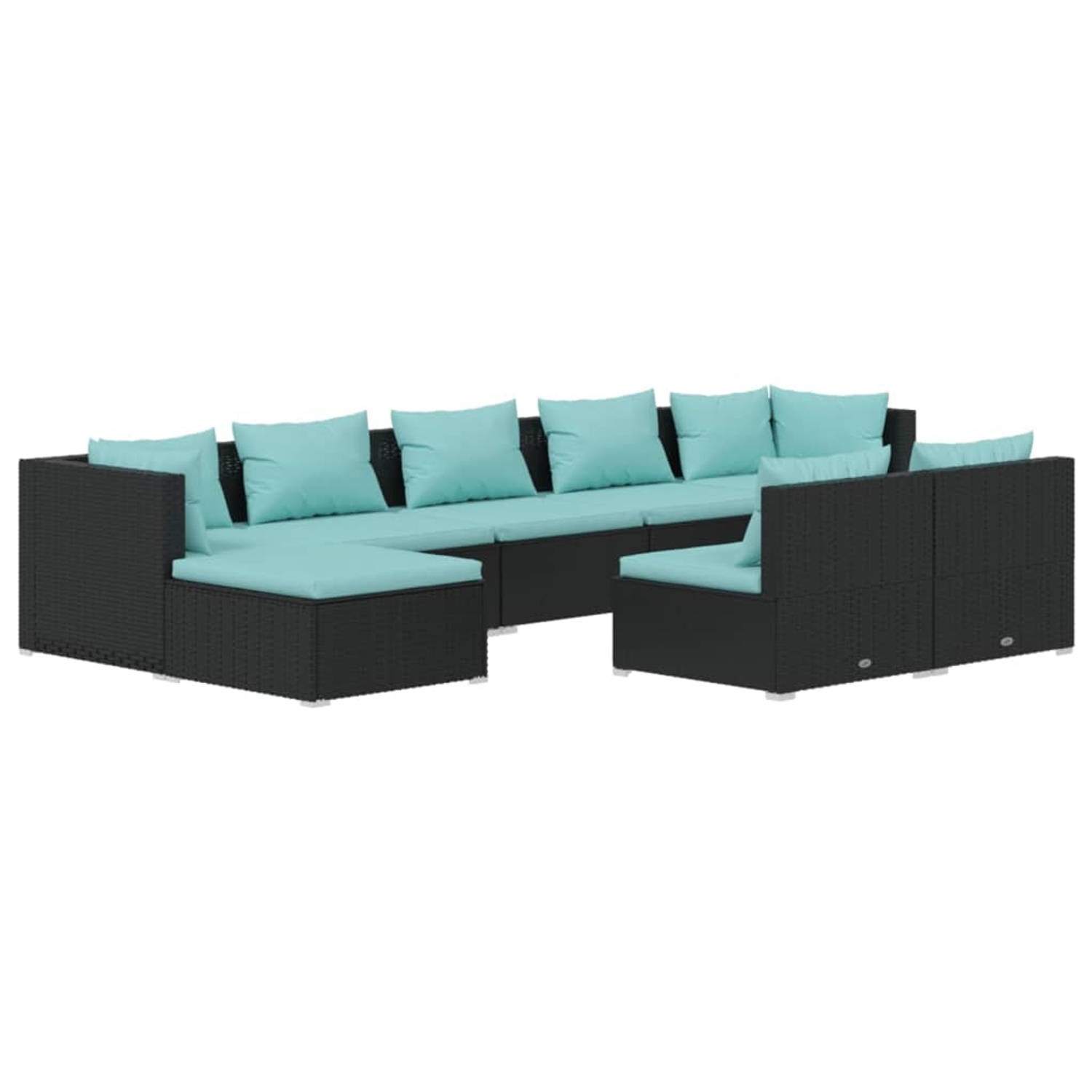 The Living Store 9-delige Loungeset met kussens poly rattan zwart - Tuinset