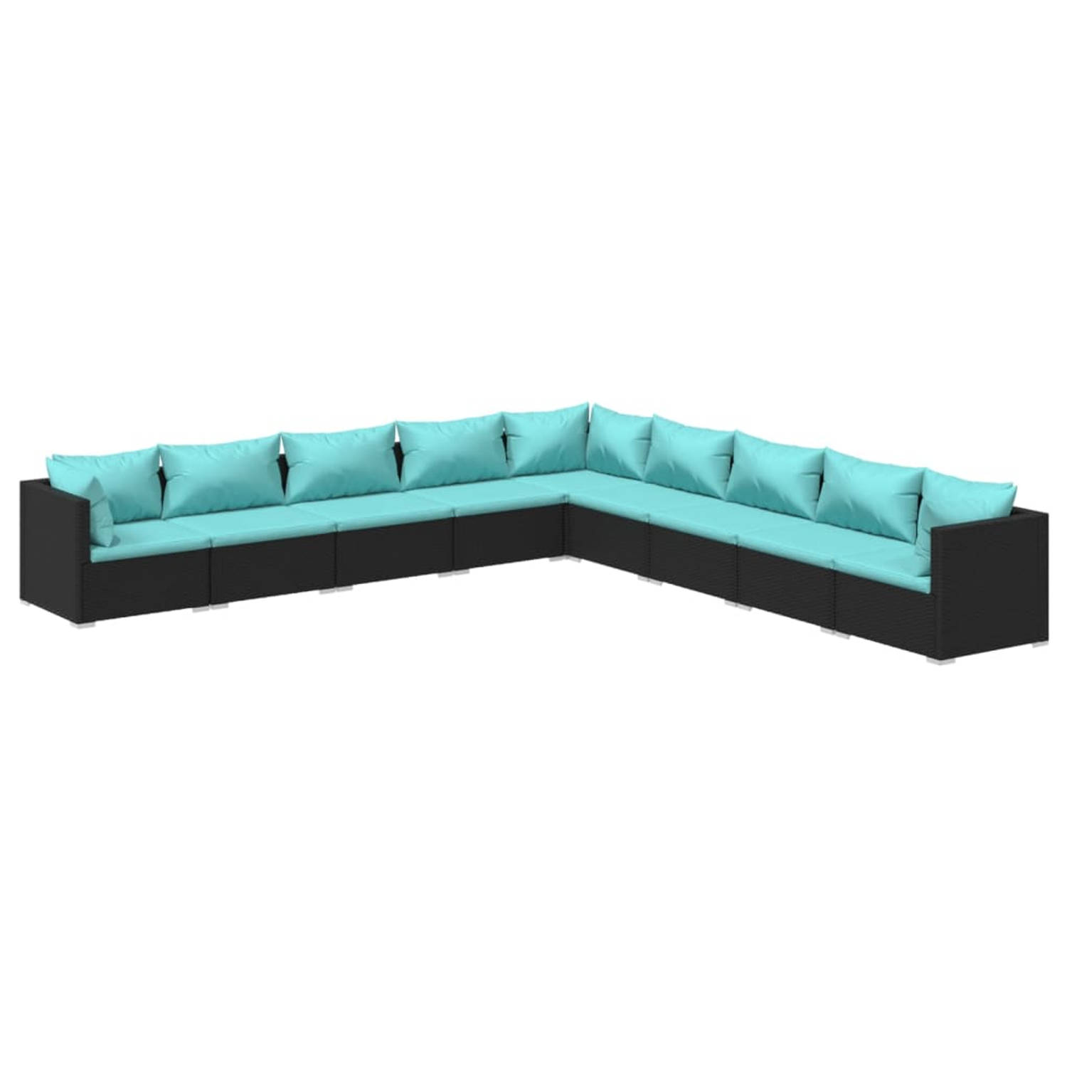 The Living Store Loungeset - Zwarte PE-rattan - Stalen frame - Waterblauwe kussens - Modulair design - Comfortabel - 150cm breed