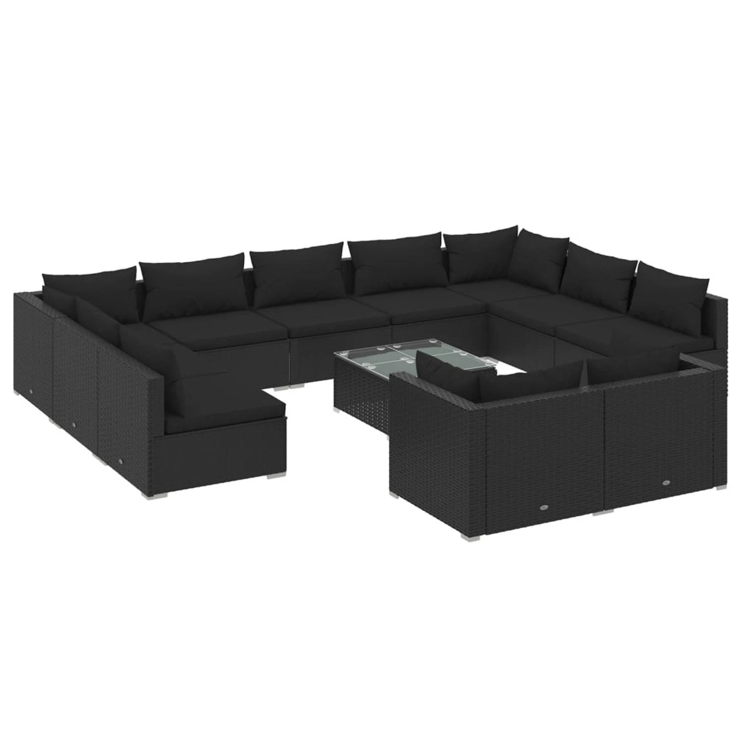 The Living Store 12-delige Loungeset met kussens poly rattan zwart - Tuinset