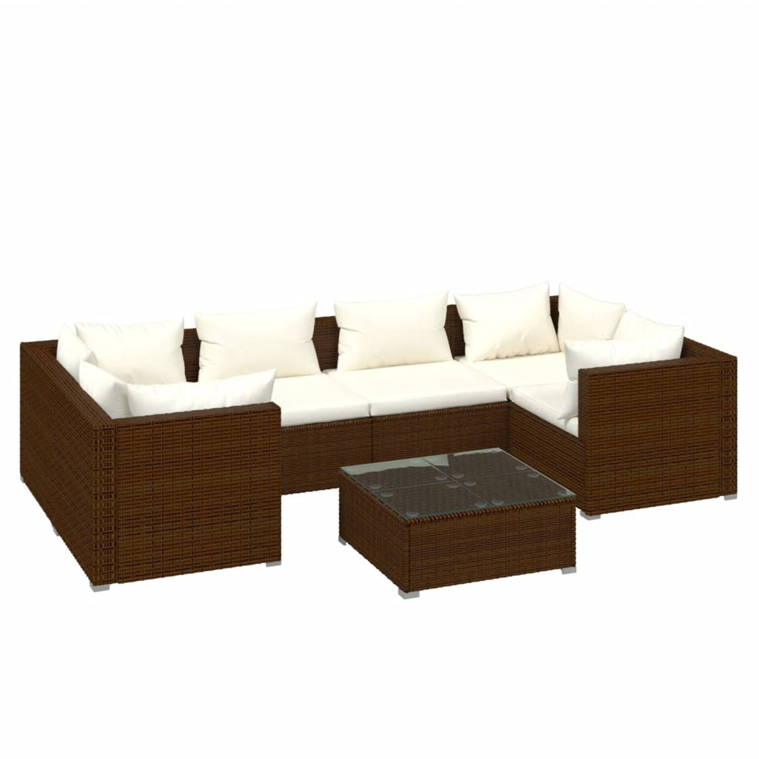 The Living Store 7-delige Loungeset met kussens poly rattan bruin - Tuinset