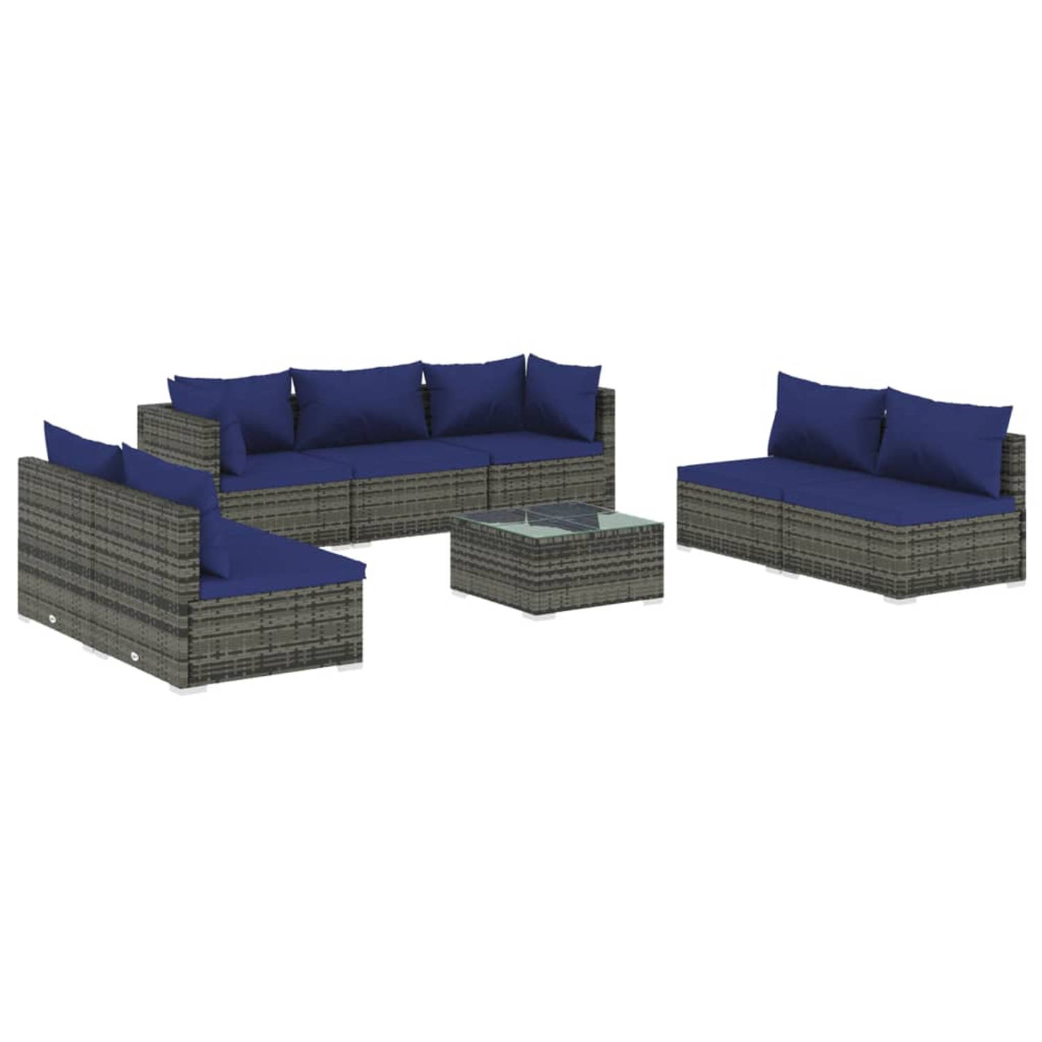 The Living Store 8-delige Loungeset met kussens poly rattan grijs - Tuinset