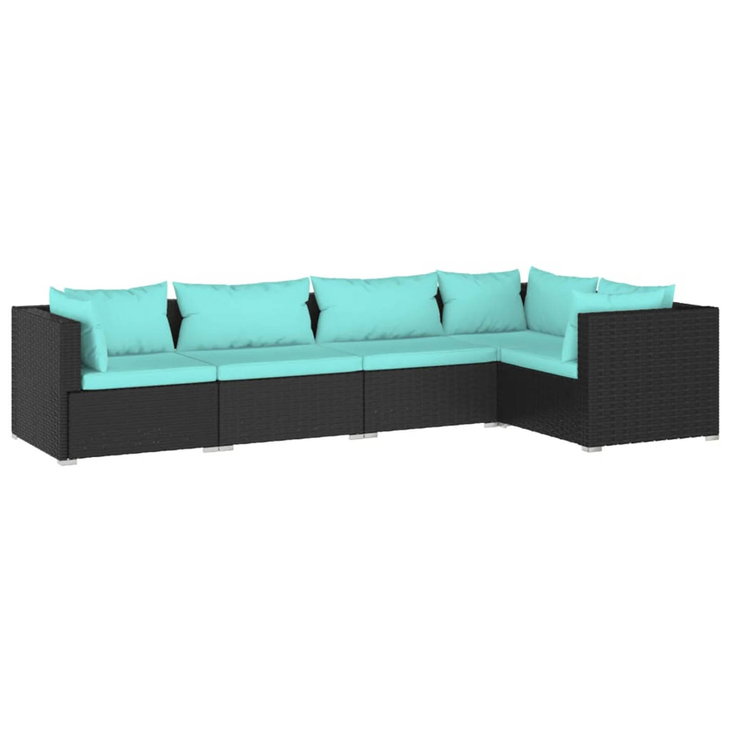 The Living Store Loungeset - PE-rattan - zwart - 3 hoekbanken - 2 middenbanken - comfortabele kussens - modulair ontwerp