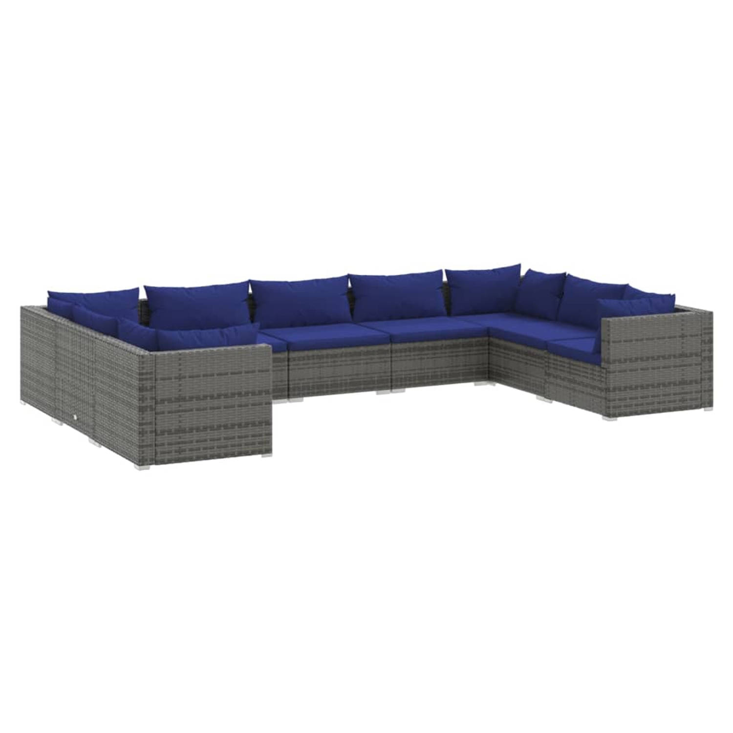 The Living Store 9-delige Loungeset met kussens poly rattan grijs - Tuinset