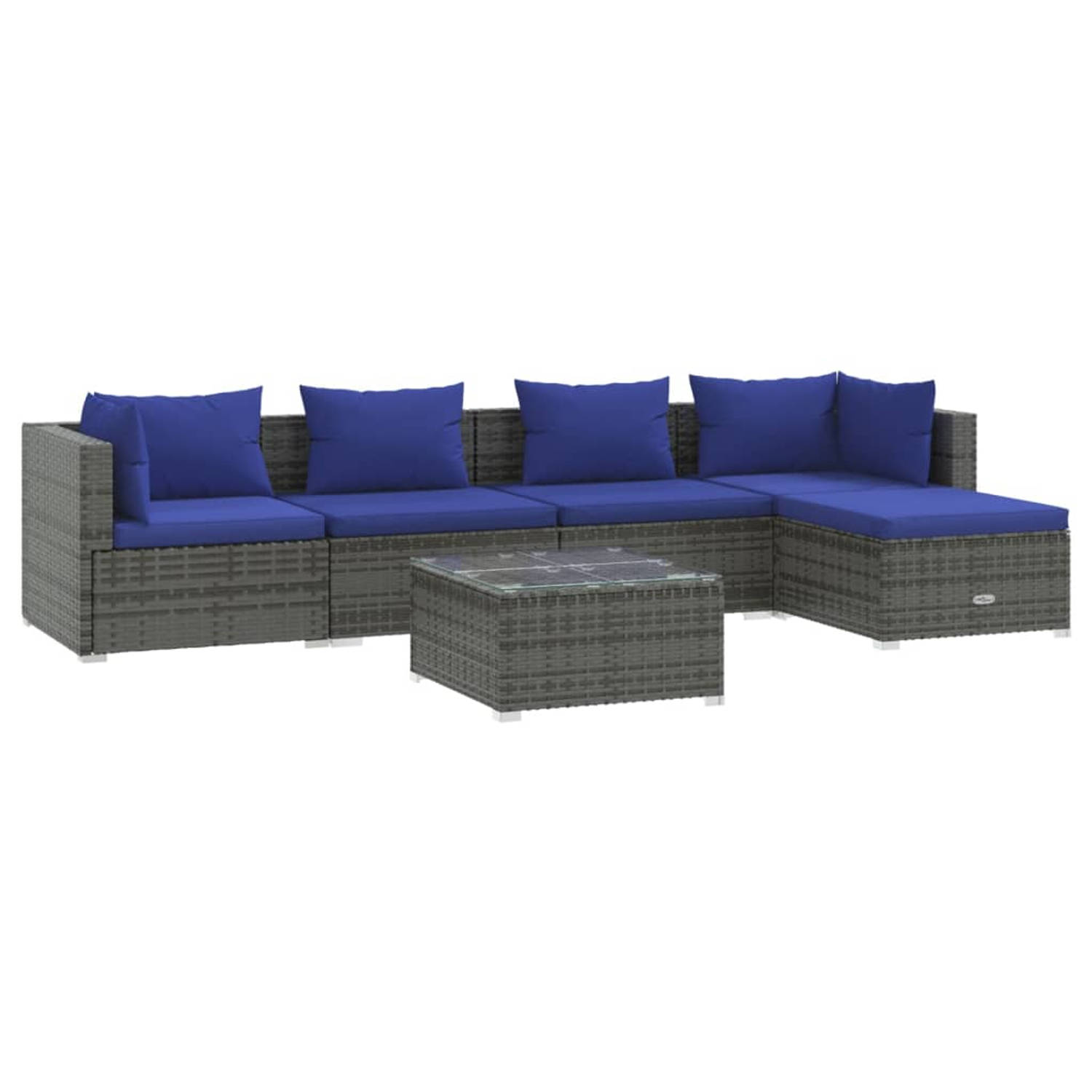 The Living Store 6-delige Loungeset met kussens poly rattan grijs - Tuinset