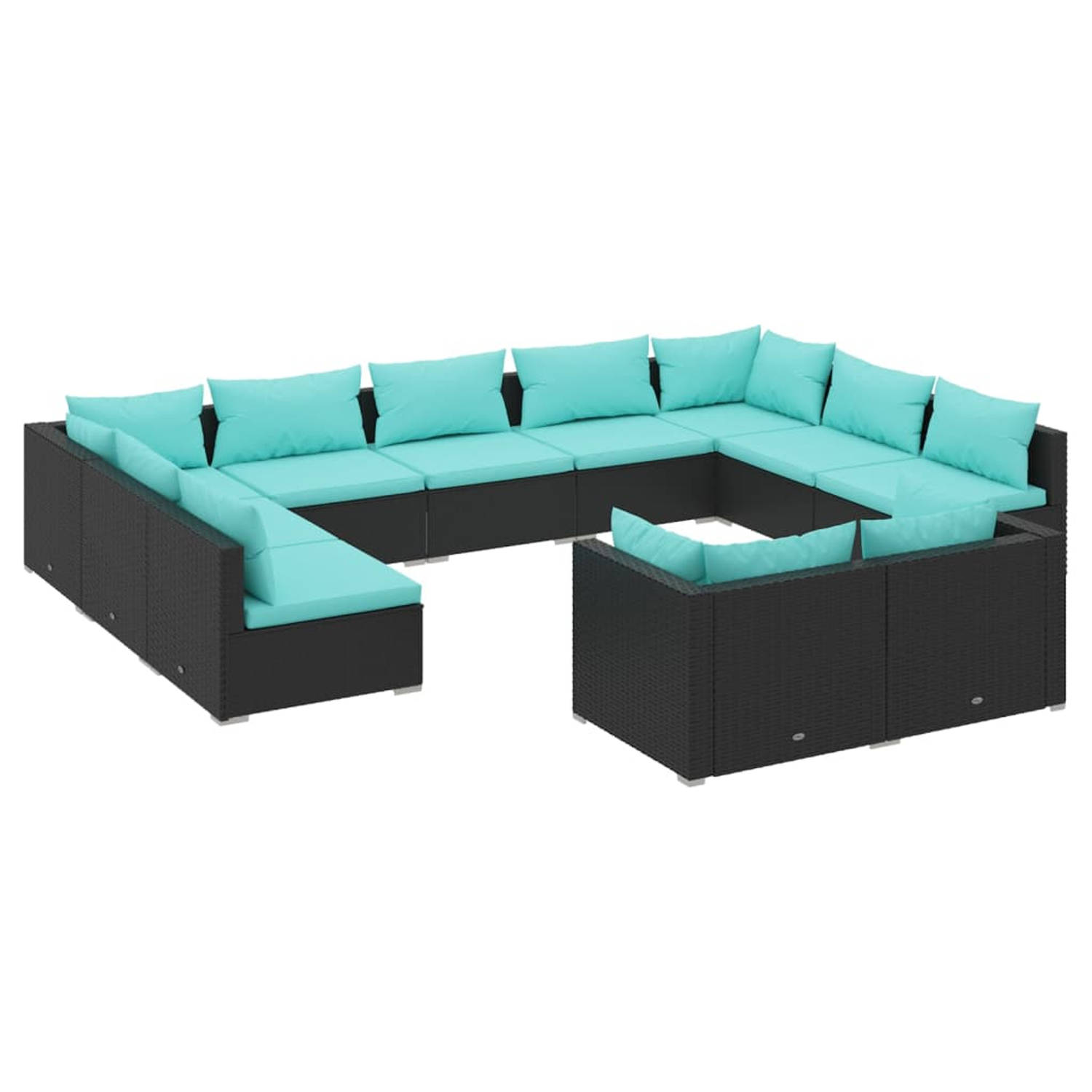 The Living Store Loungeset PE-rattan - Modulair design - Stevig frame - Waterbestendig - Comfortabele kussens - Zwart/Waterblauw - Inclusief montagemateriaal - 7x middenbank - 4x h