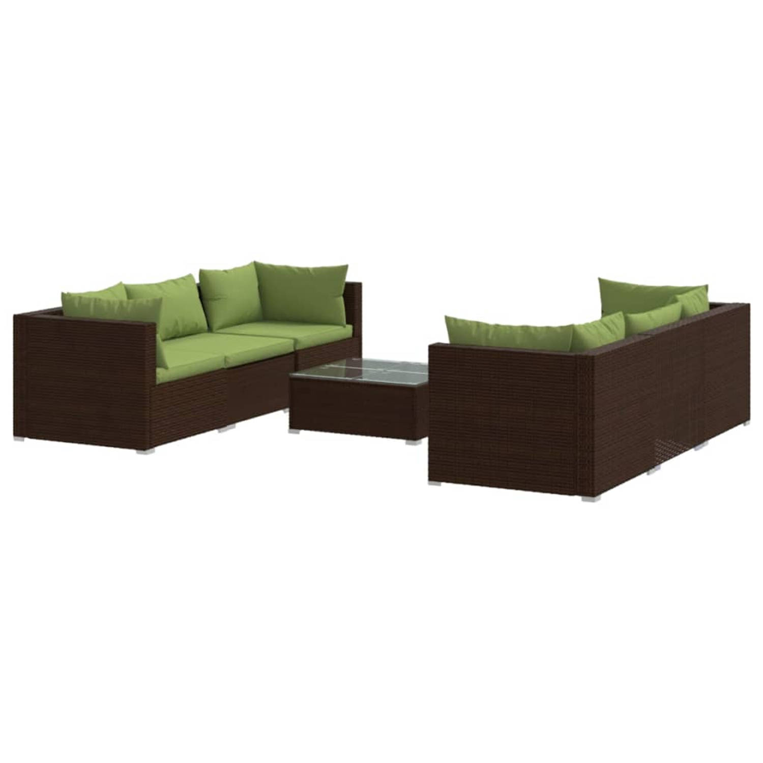 The Living Store Tuinset Poly Rattan - Modulair - Bruin - 60x60x30cm - Groene kussens