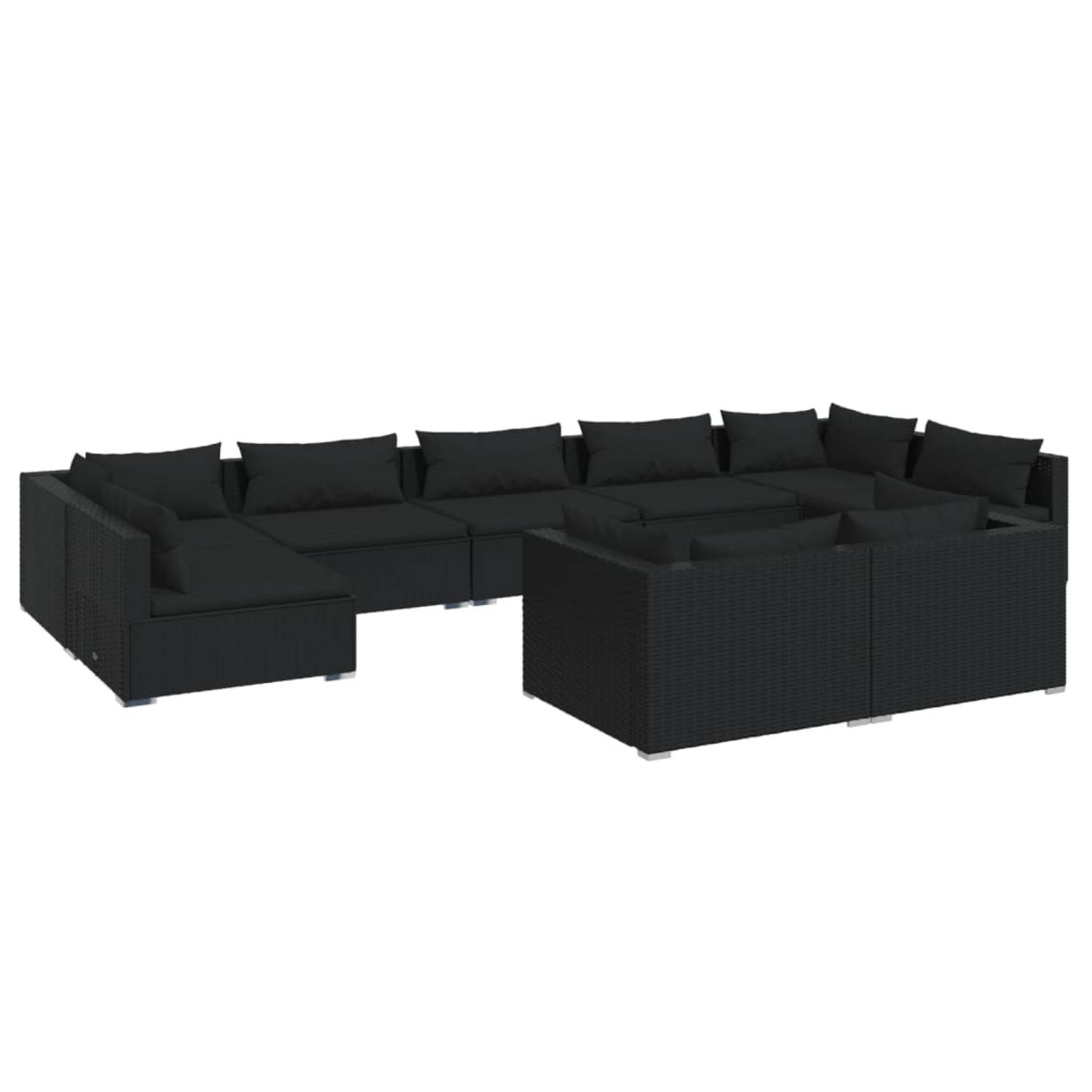 The Living Store 9-delige Loungeset met kussens poly rattan zwart - Tuinset