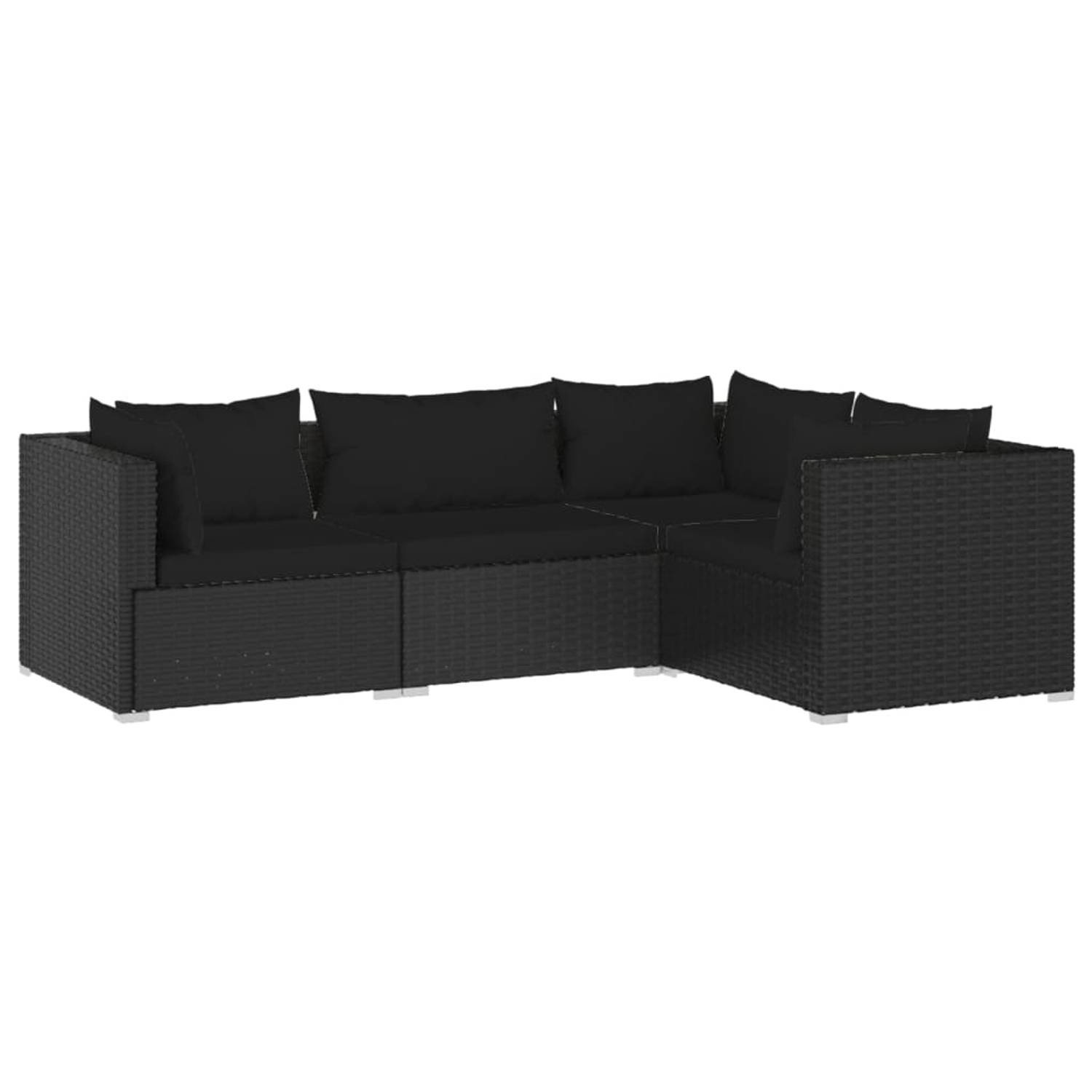 The Living Store Loungeset - PE-rattan - Zwart - 3 hoekbank - 1 middenbank - 4 zitkussen - 7 rugkussen