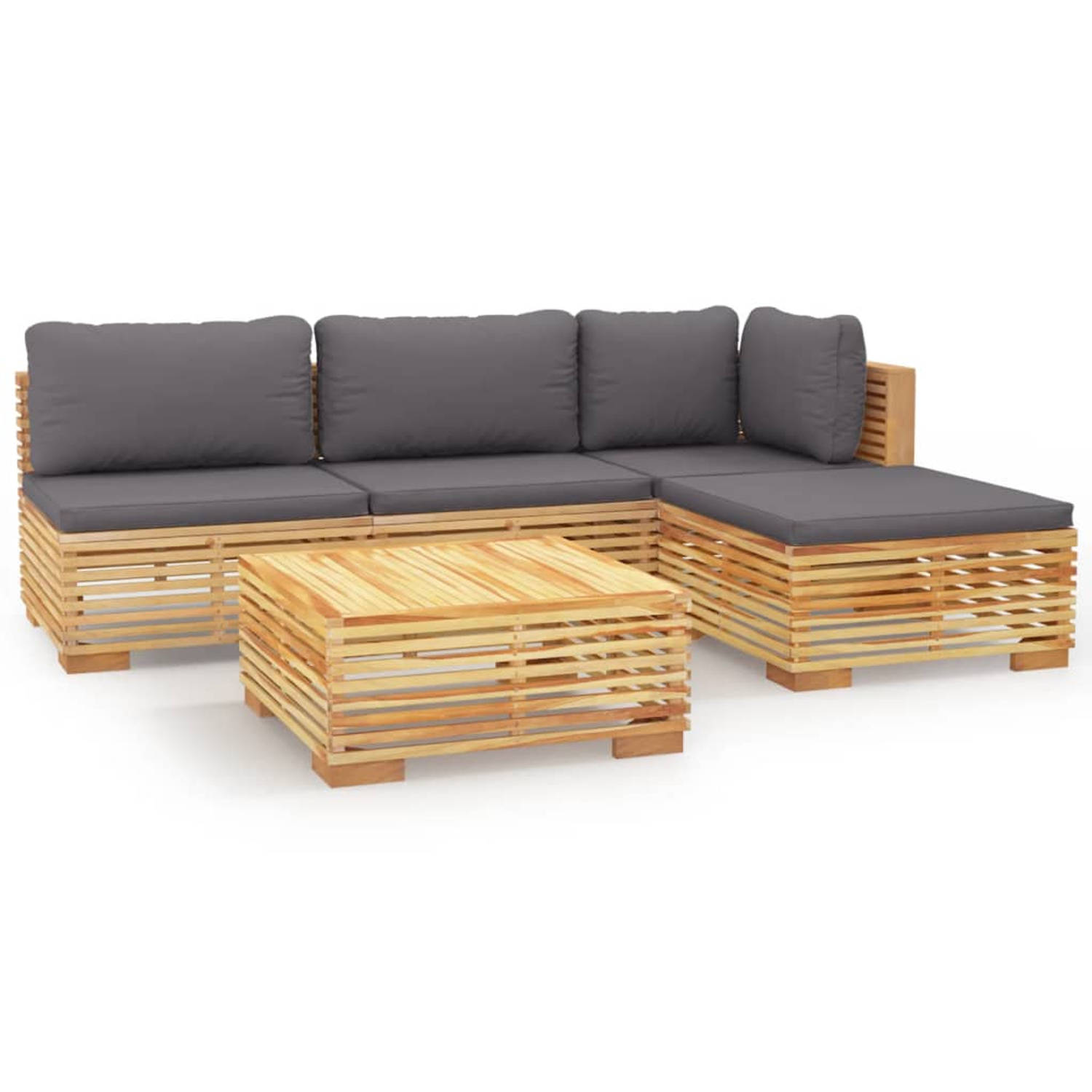 The Living Store Loungeset - Teakhout - Outdoor - 5-delig - Donkergrijs kussen