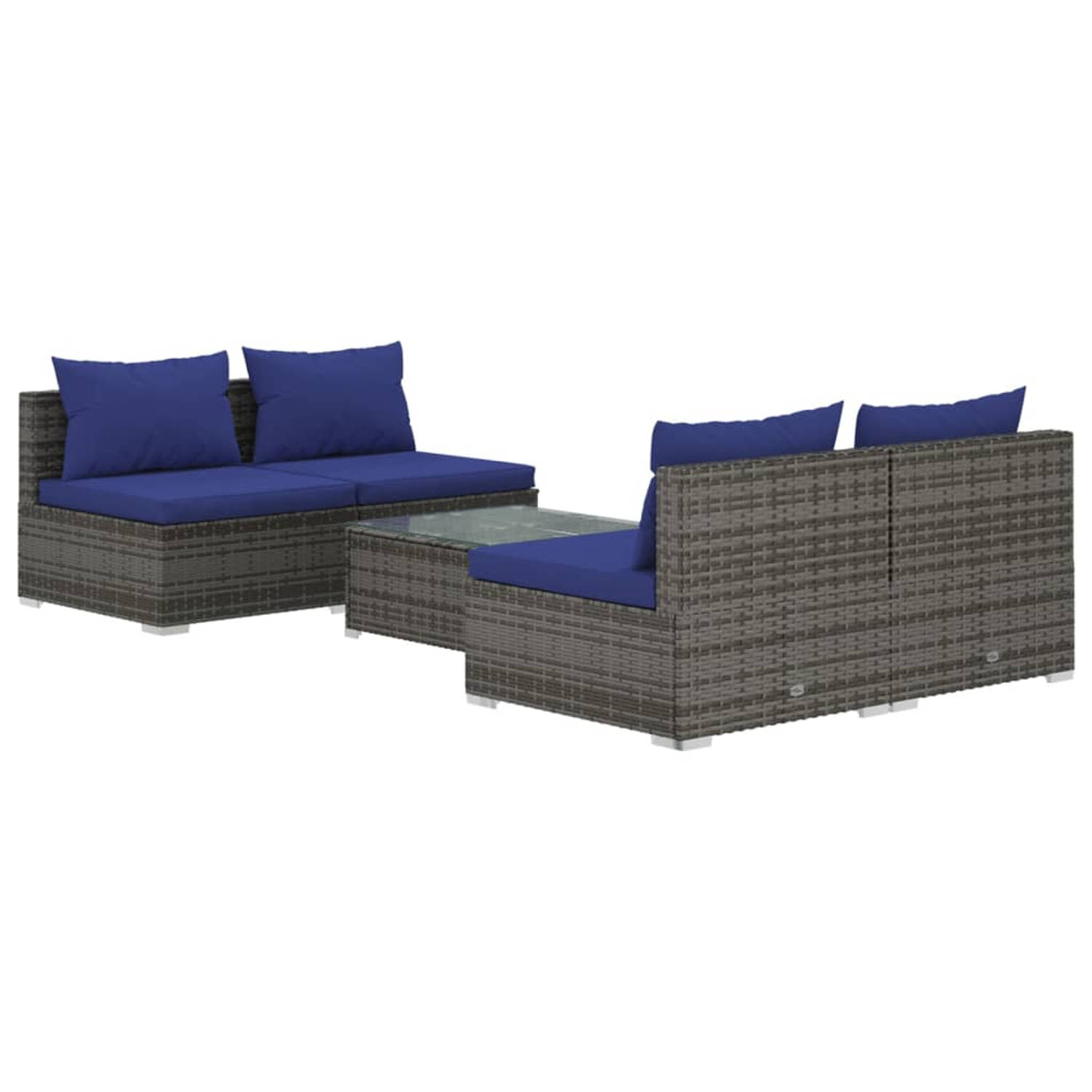 The Living Store Poly Rattan Tuinset - Modulair Design - Waterbestendig PE-rattan - Stevig Frame - Comfortabele Kussens - Grijs - Donkerblauw - Materiaal- PE-rattan - gepoedercoat