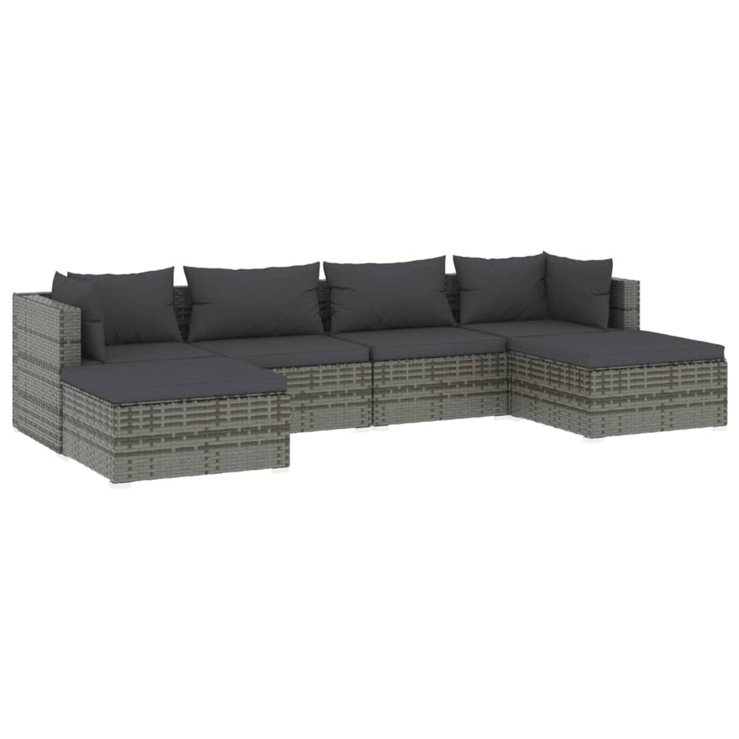 The Living Store 6-delige Loungeset met kussens poly rattan grijs - Tuinset