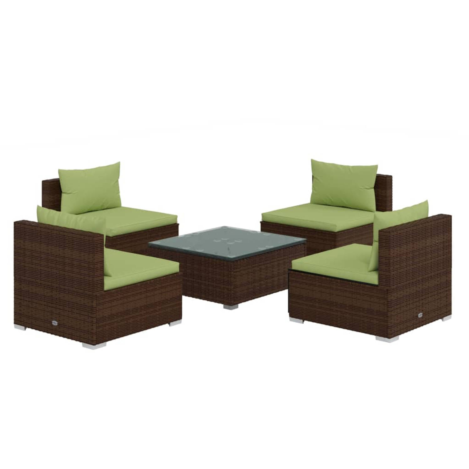 The Living Store Poly rattan tuinset - modulair design - waterbestendig - sterk frame - comfortabele kussens - bruin - groen - 60x60x30cm - 70x70x60.5cm - 70x63x6cm - 70x40.5cm - m