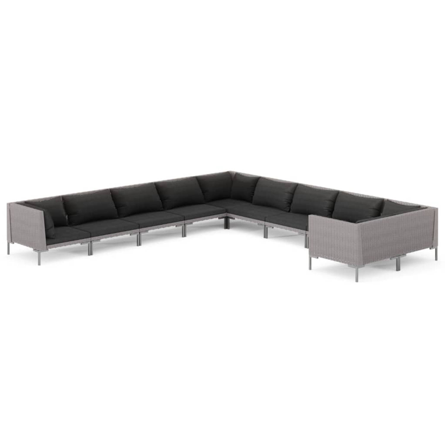 The Living Store 10-delige Loungeset met kussens poly rattan donkergrijs - Tuinset