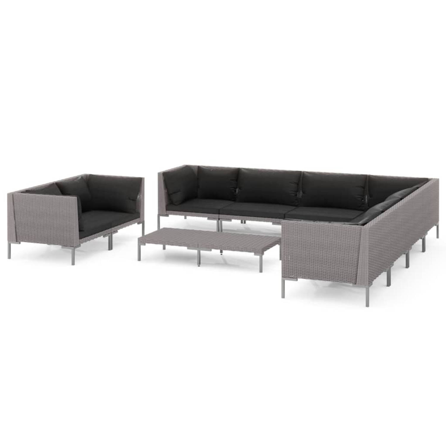 The Living Store 10-delige Loungeset met kussens poly rattan donkergrijs - Tuinset