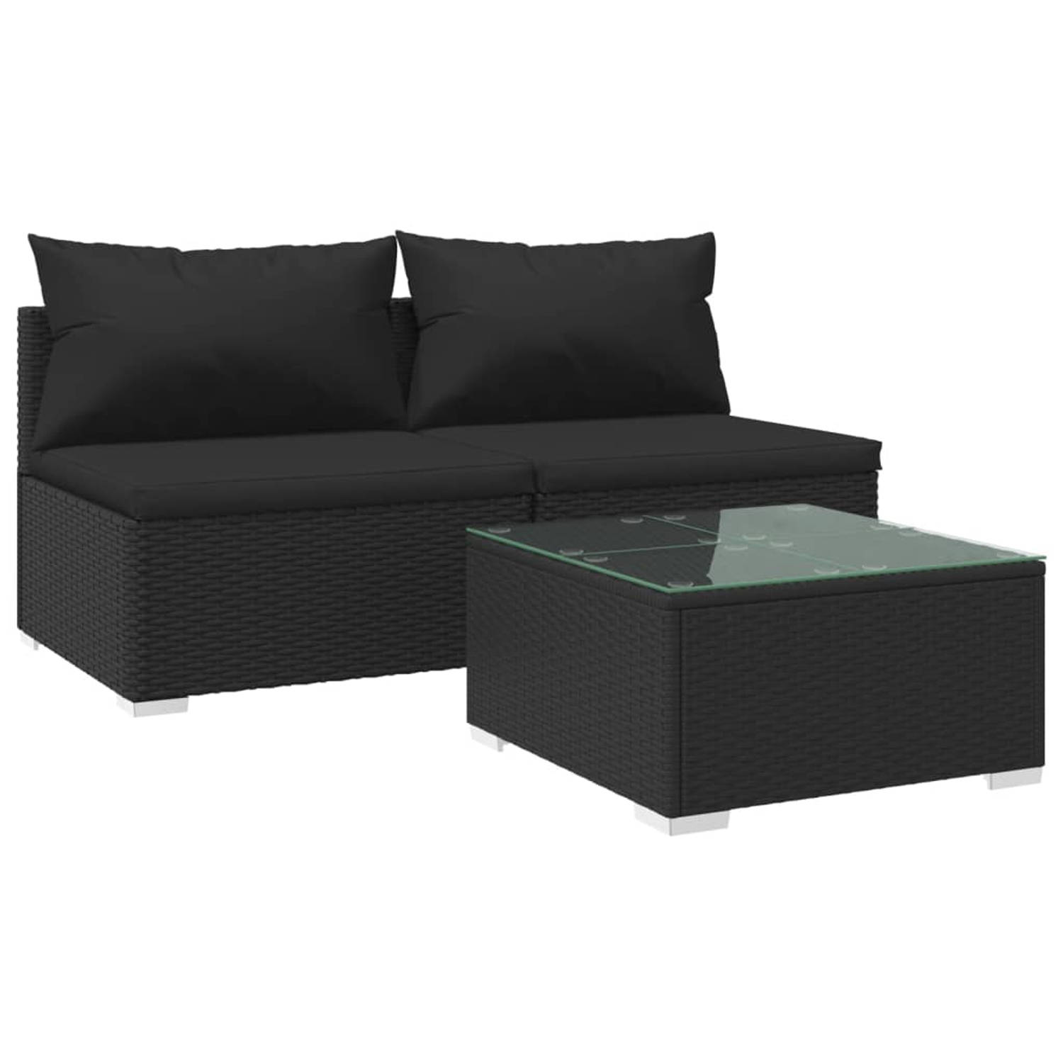 The Living Store 3-delige Loungeset met kussens poly rattan zwart - Tuinset