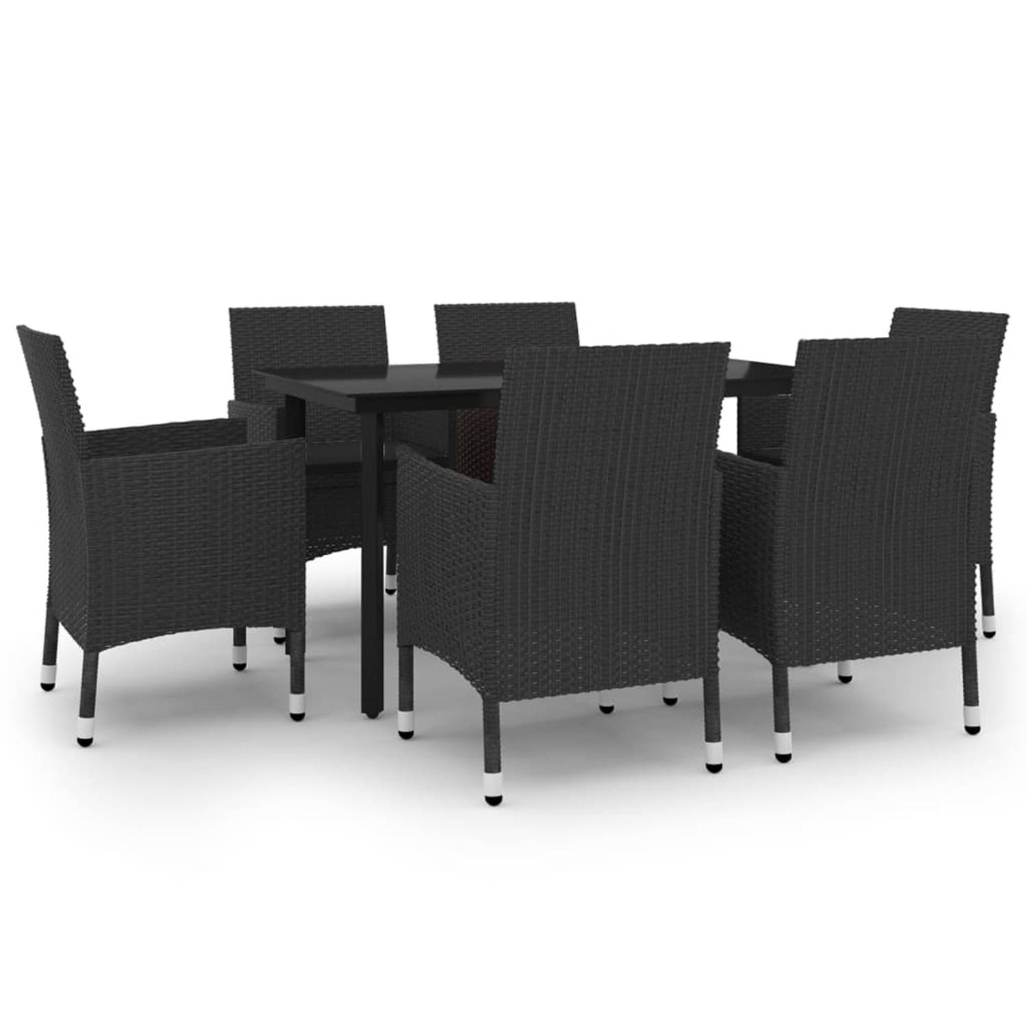 The Living Store Eethoek - zwart PE-rattan en glas - 140 x 70 x 74 cm - weerbestendig - 6 stoelen met kussens