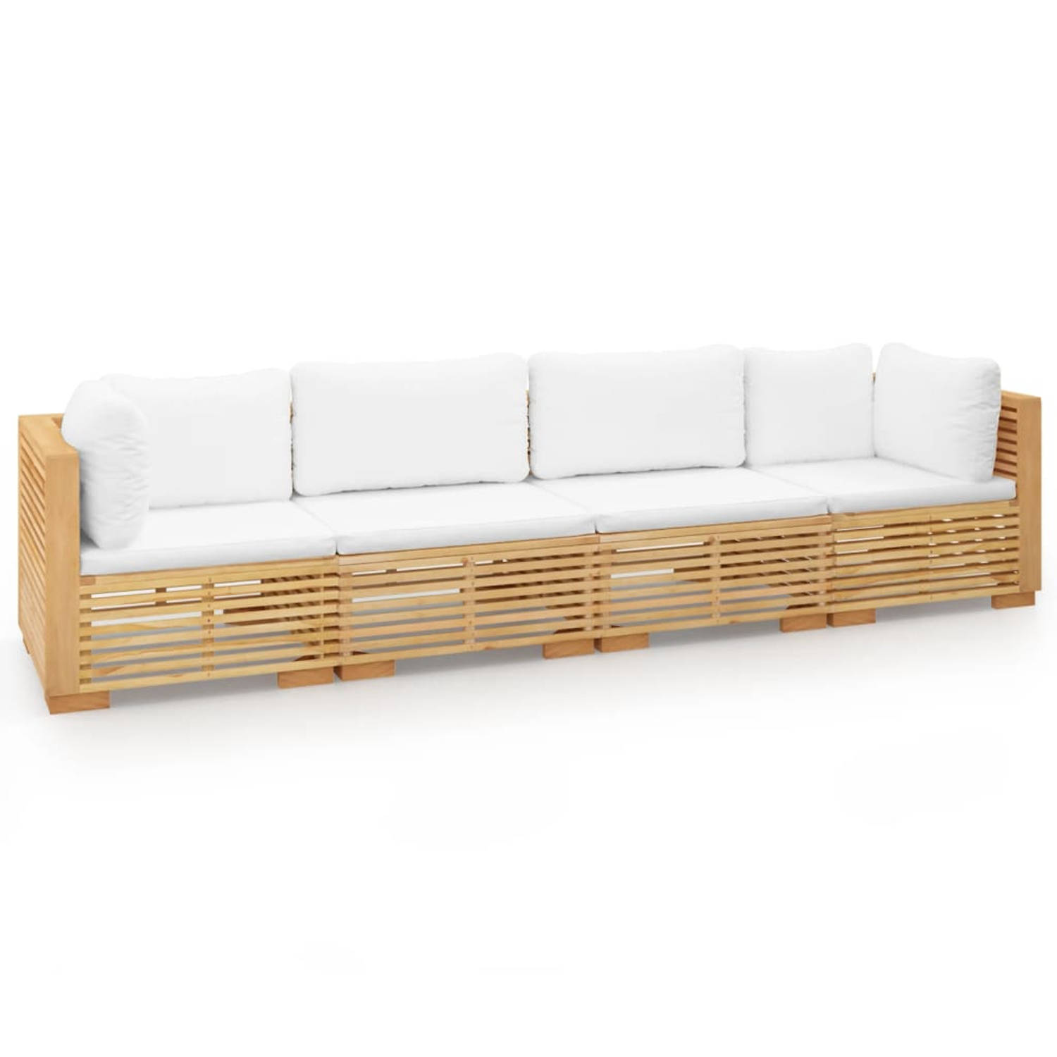 The Living Store Houten Loungeset 2x Middenbank 2x Hoekbank - Crèmewit Kussen - Teakhout - Afmetingen 69.5x69.5x60 cm