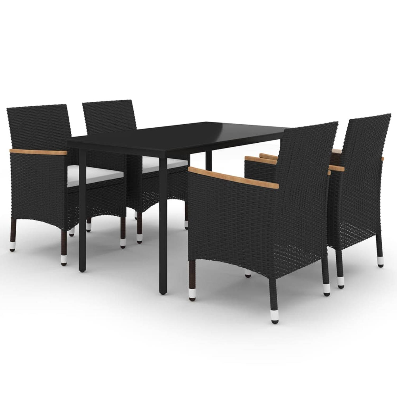 The Living Store Eethoek - Acaciahouten tafel en PE-rattan stoelen - 140x70x74 - Zwart/Crèmewit