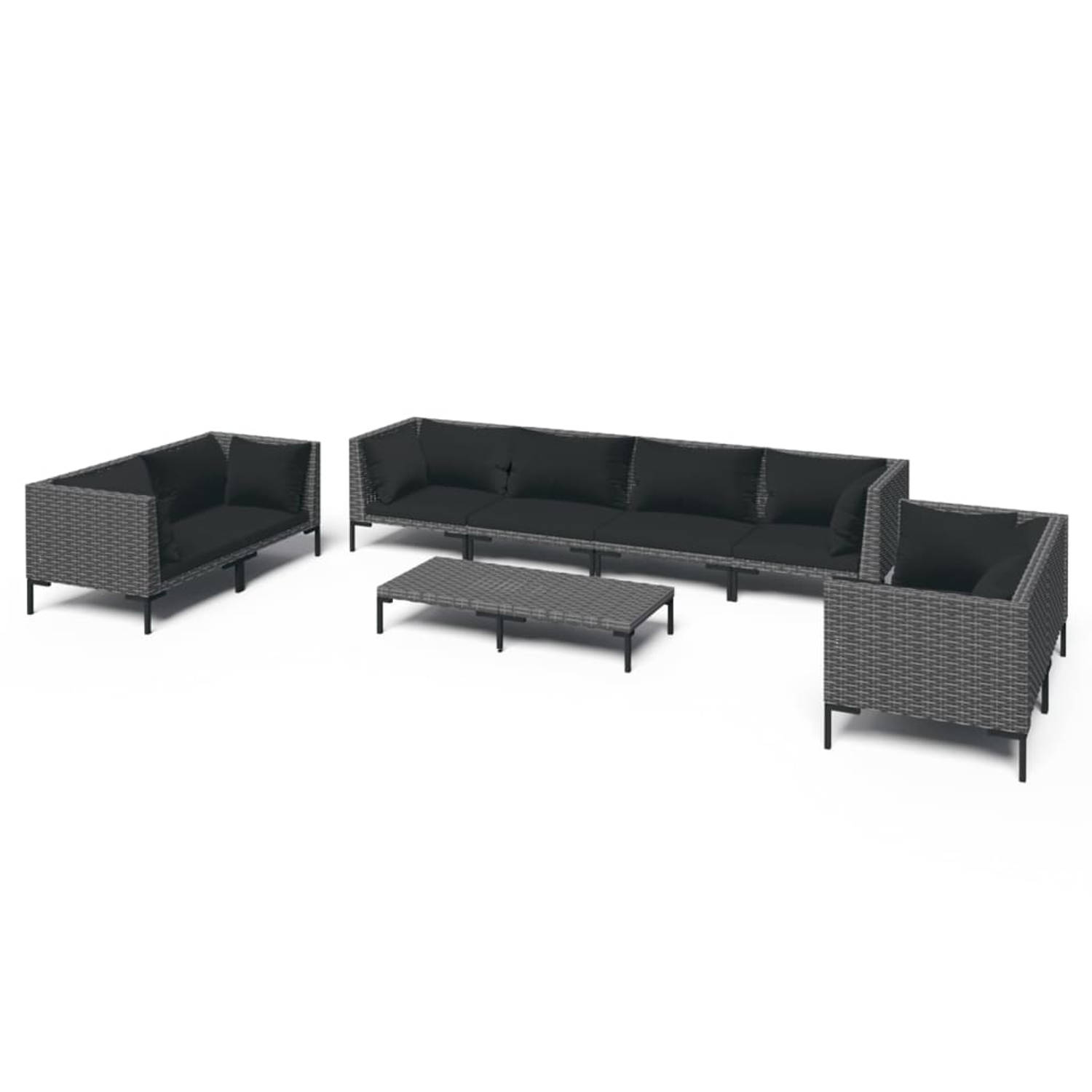 The Living Store Loungeset Donkergrijs - 2x middenbank - 6x hoekbank - 1x tafel - Staal - PE-rattan - PC-plaat - Comfortabele kussens