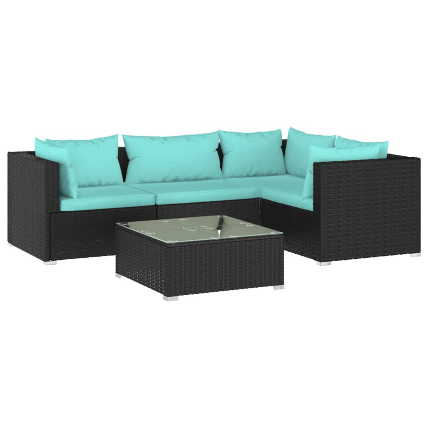 The Living Store Loungeset - PE-rattan - Zwart - Hoekbank - Middenbank - Waterblauwe Kussens