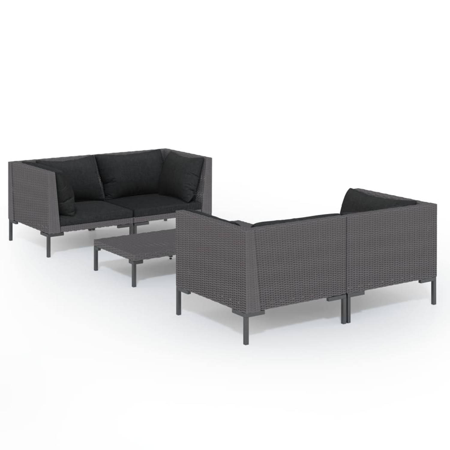 The Living Store 5-delige Loungeset met kussens poly rattan donkergrijs - Tuinset