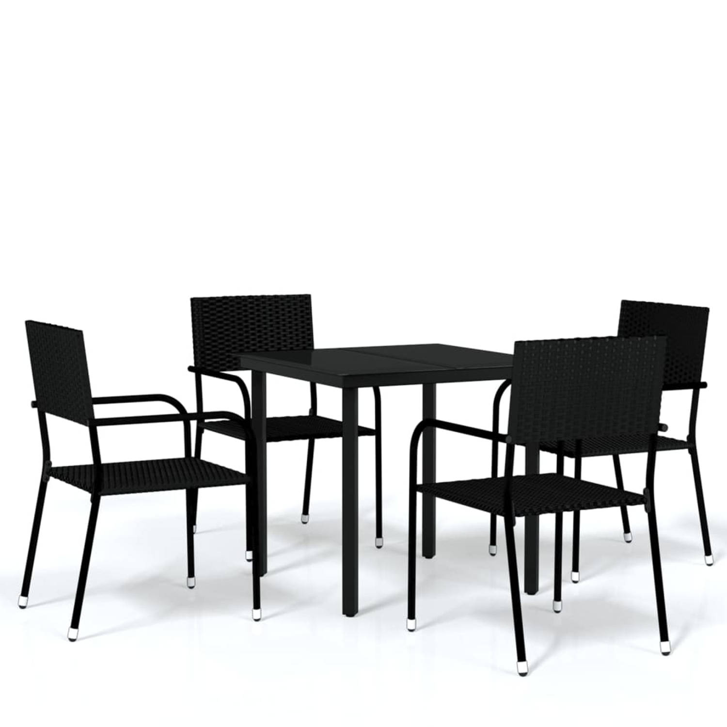 The Living Store Tuinset - Stalen frame - Waterbestendig PE-rattan - Glad glazen tafelblad - Zwart - 80x80x74cm - Stapelbare stoelen
