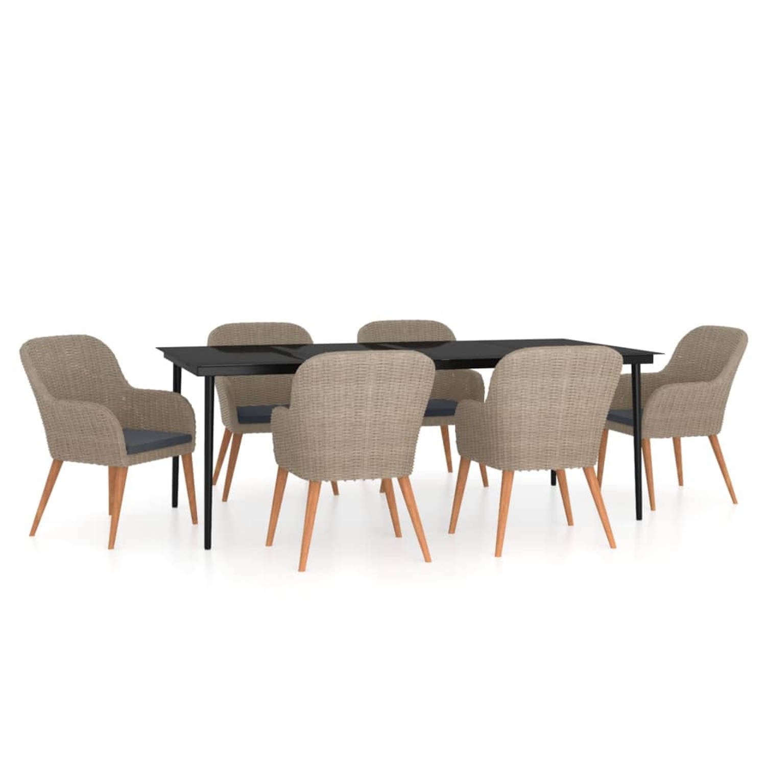 The Living Store Tuinset - bruin en zwart - poly rattan - 200x100x74cm - inclusief 6 stoelen en kussens