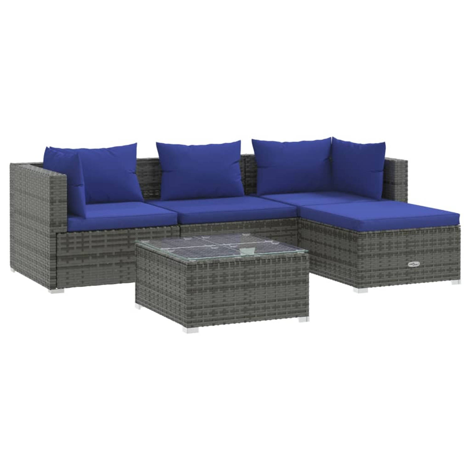 The Living Store 5-delige Loungeset met kussens poly rattan grijs - Tuinset