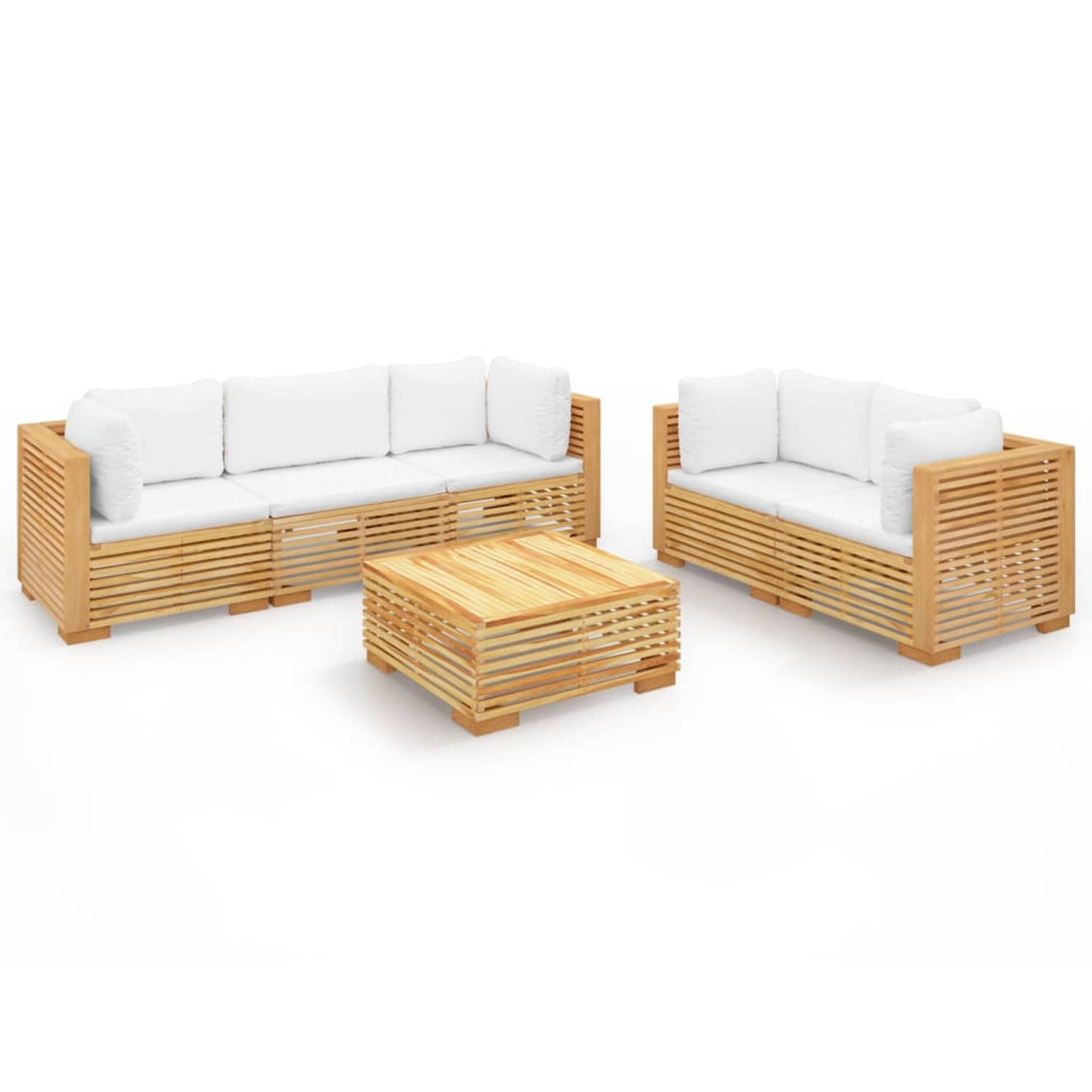 The Living Store Loungeset Teakhout - Tuinmeubelen - 69.5 x 69.5 x 60 cm - Crèmewit kussen - Inclusief kussens - The Living Store