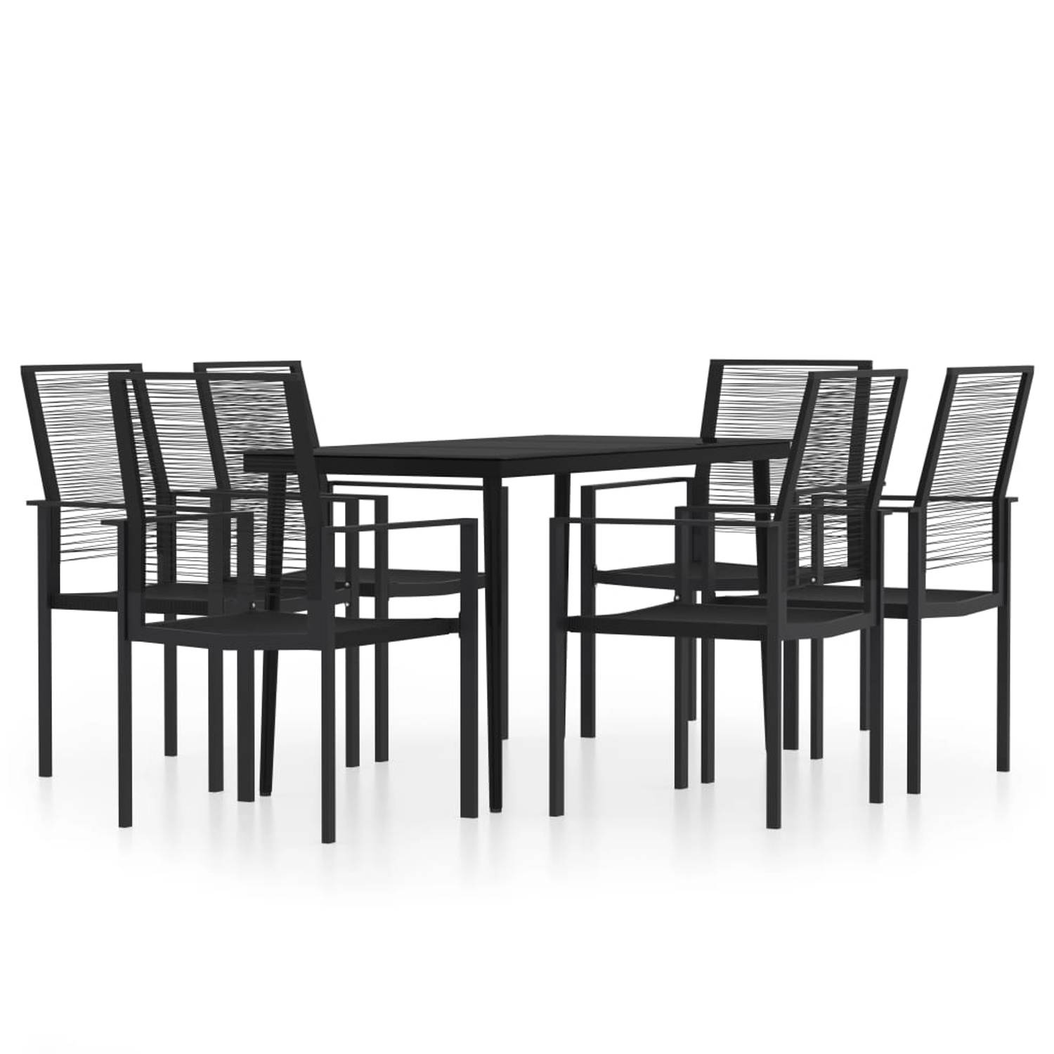 The Living Store tuinset zwart gepoedercoat staal en glas 140x70x74 cm - eethoek met 6 stoelen 60x55x90 cm