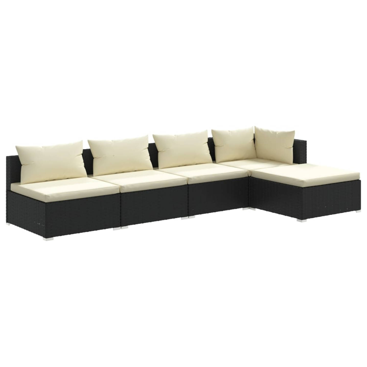 The Living Store loungeset - zwart PE-rattan - 3-zits hoekbank - 3x middenbank - voetenbank - comfortabele kussens - waterdicht - modulair ontwerp - staal frame - 150x150x60.5 cm