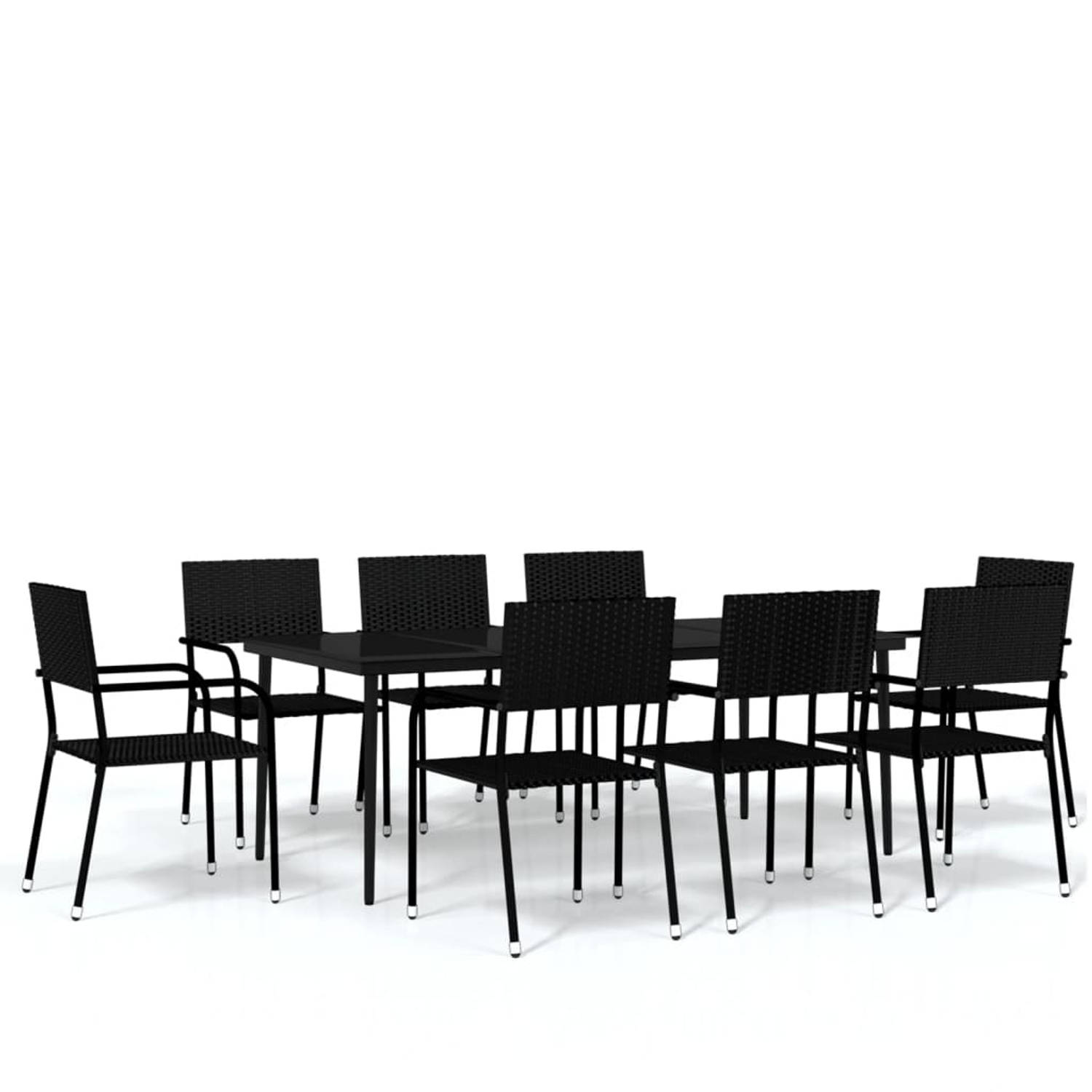 The Living Store Tuinset - Zwart Gepoedercoat Staal en Glas - 200x100x74 cm - PE-rattan en Staal - 51x60x87 cm - Stapelbare stoelen - Weerbestendig