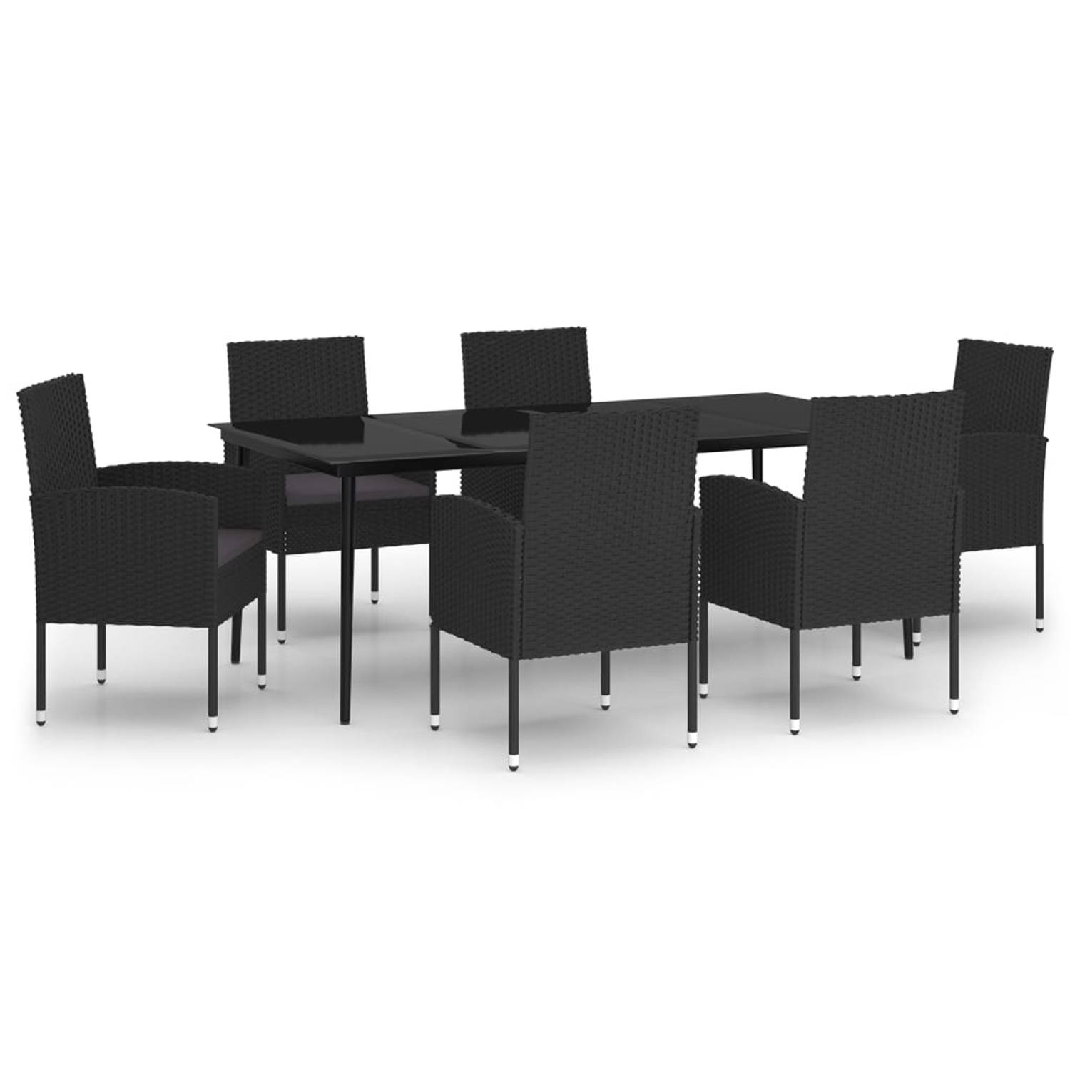 The Living Store Tuinset - zwart gepoedercoat staal en glas - 200 x 100 x 74 cm - PE-rattan en staal stoelen - donkergrijs kussen - 6 stoelen en zitkussens - Weerbestendig - Montag
