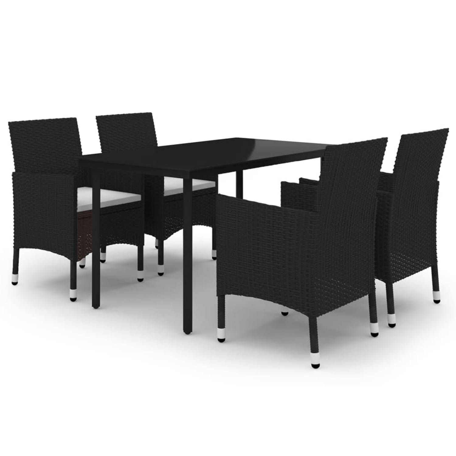 The Living Store Eethoek - PE-rattan - 140x70x74 cm - zwart/cremewit - inclusief 4 stoelen en zitkussens