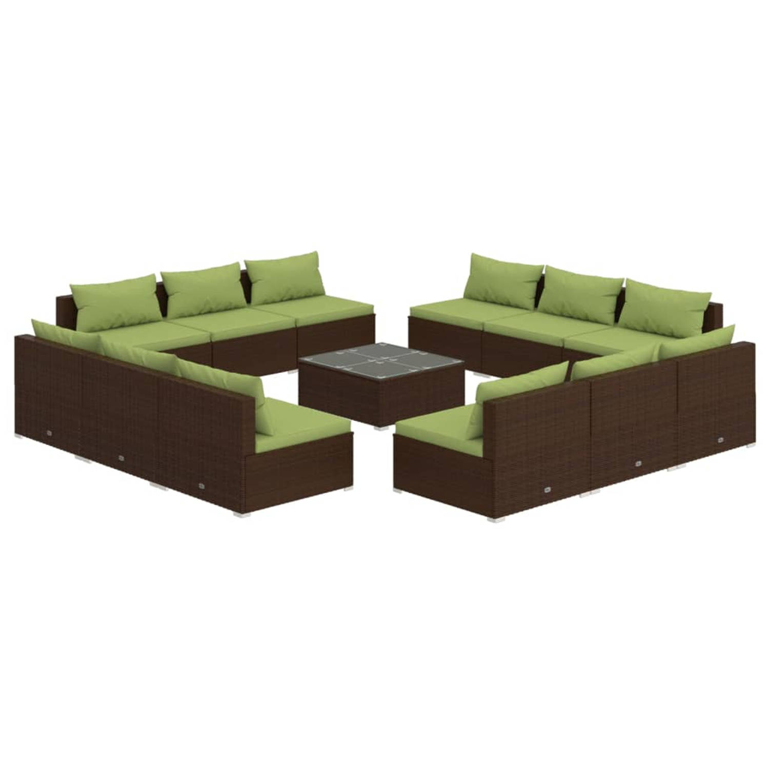 The Living Store 13-delige Loungeset met kussens poly rattan bruin - Tuinset