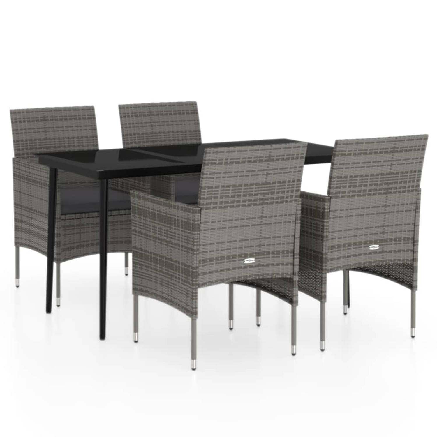 The Living Store Tuinmeubelset - grijs en zwart - PE-rattan - gepoedercoat staal en glas - 140 x 70 x 74 cm - 4 x stoel - 1 x tafel