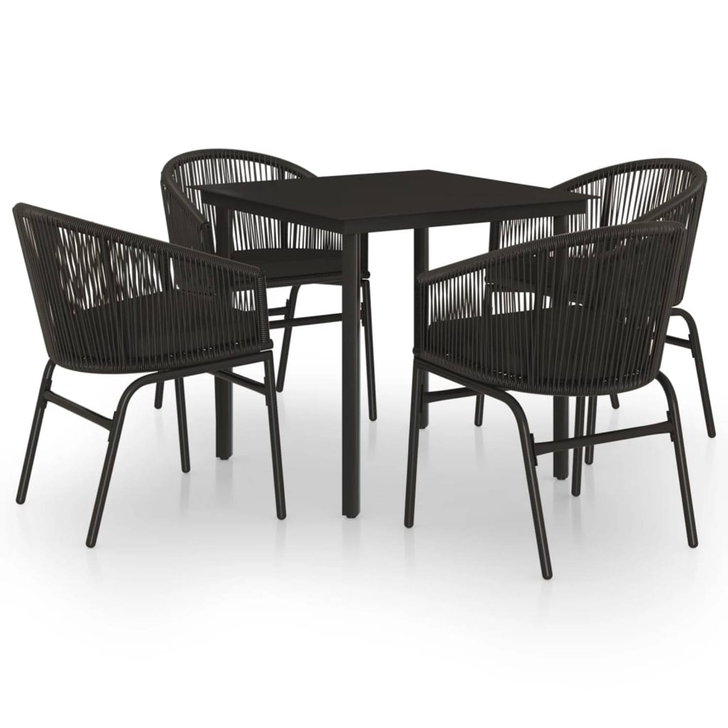 The Living Store Tuinset - zwart - gepoedercoat staal en glas - 80 x 80 x 74 cm - PVC-rattan - 58 x 58 x 78 cm - 4x stoel - 4x zitkussen