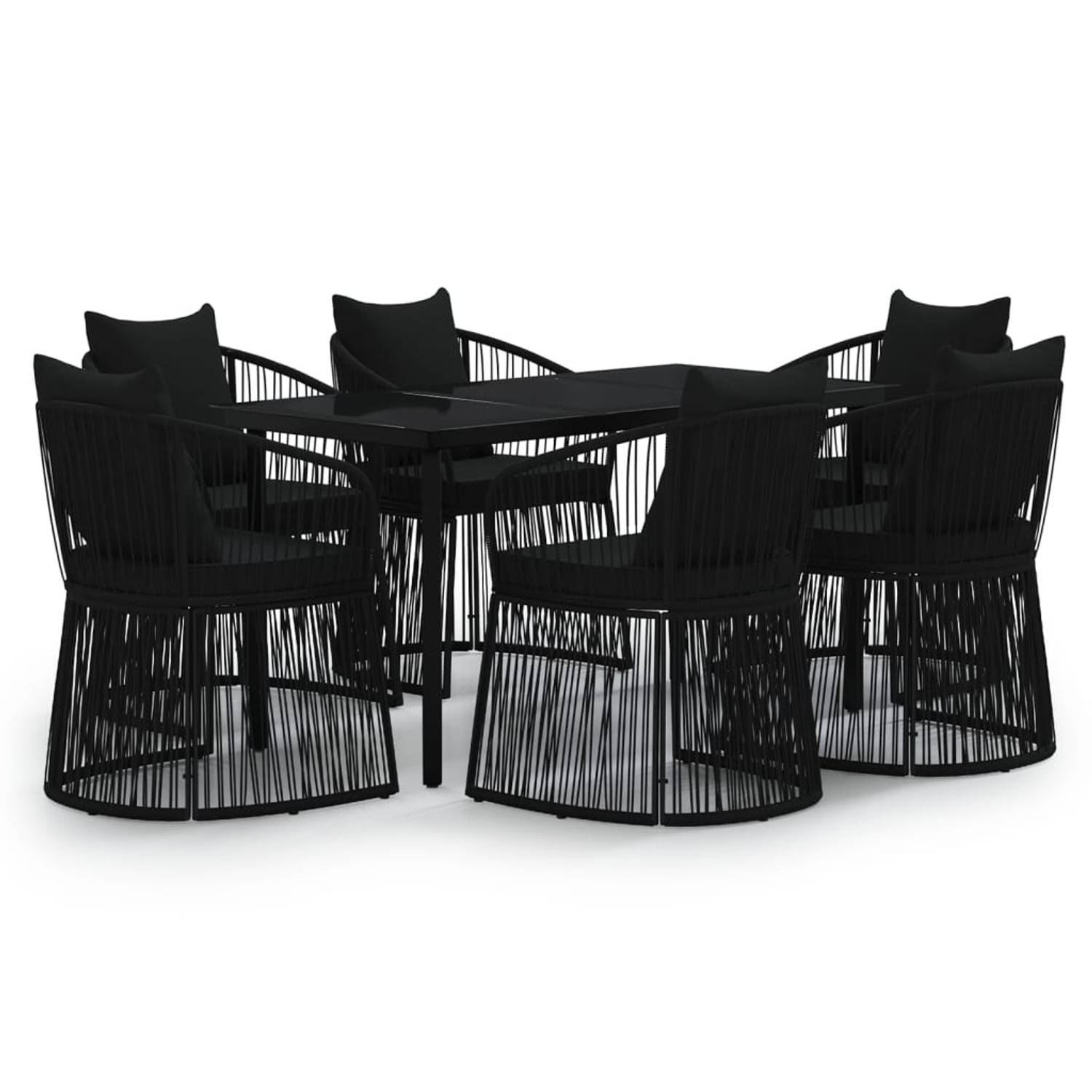 The Living Store Tuinset Luxe - Zwart - 140 x 70 x 74 cm - PVC-rattan - Inclusief 6 stoelen en kussens
