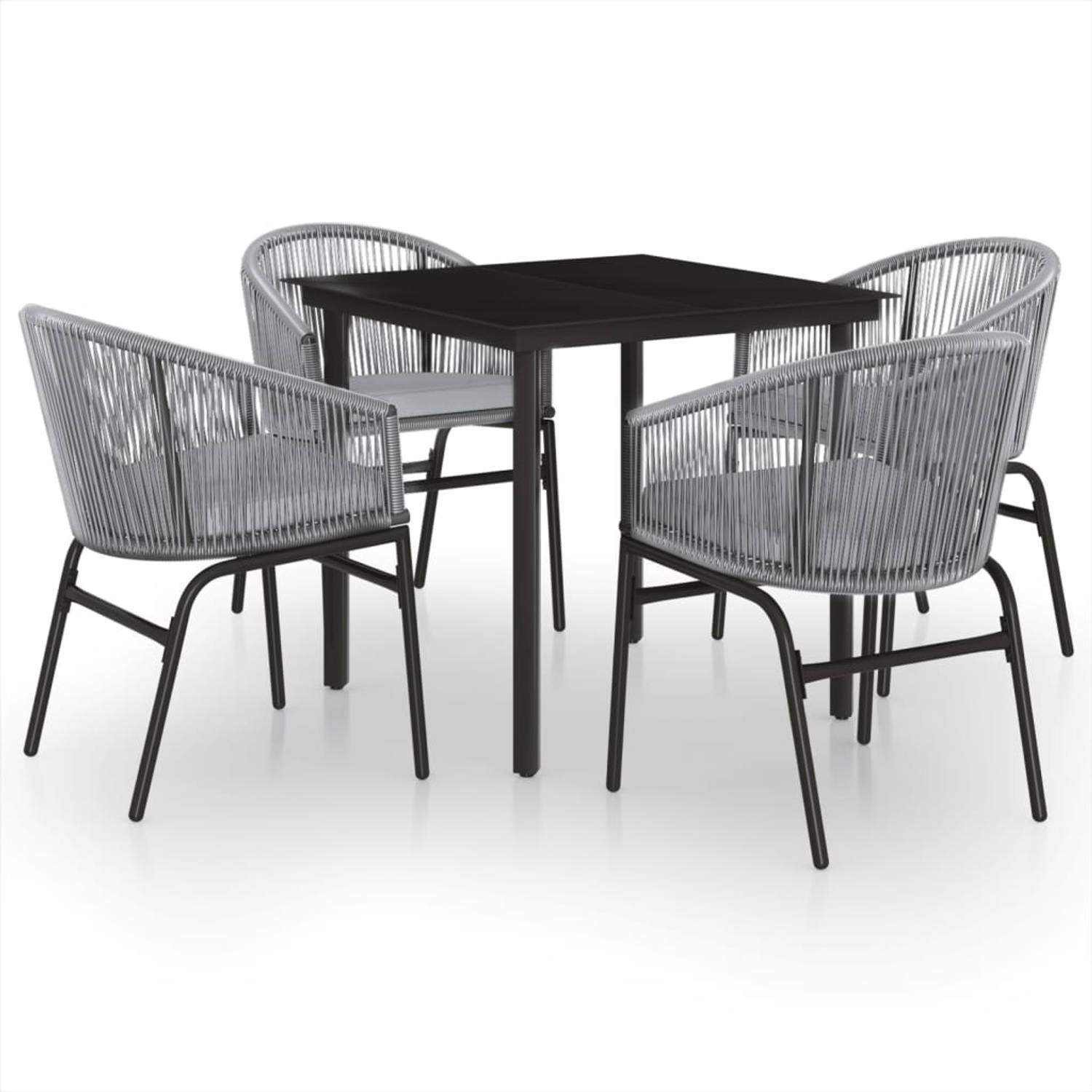 The Living Store Tuinset - Zwarte Gepoedercoat Stalen Tafel - Grijze PVC-Rattan Stoelen - 80x80x74 cm - Inclusief Kussens