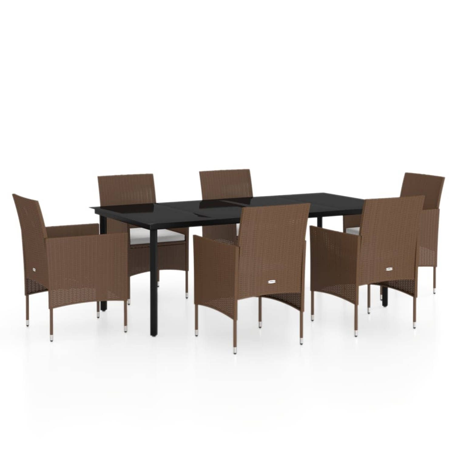 The Living Store Tuinmeubelset - bruin en zwart - PE-rattan - gepoedercoat staal en glas - 200 x 100 x 74 cm - 6 stoelen - 6 kussens