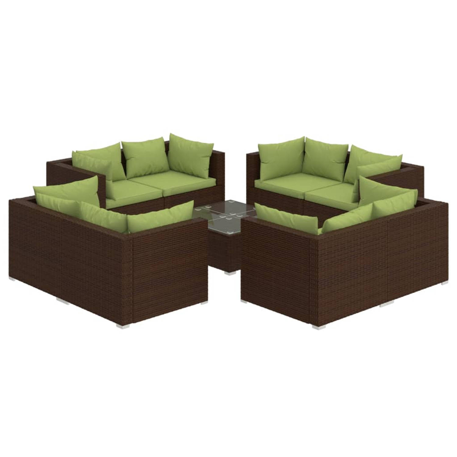 The Living Store 9-delige Loungeset met kussens poly rattan bruin - Tuinset