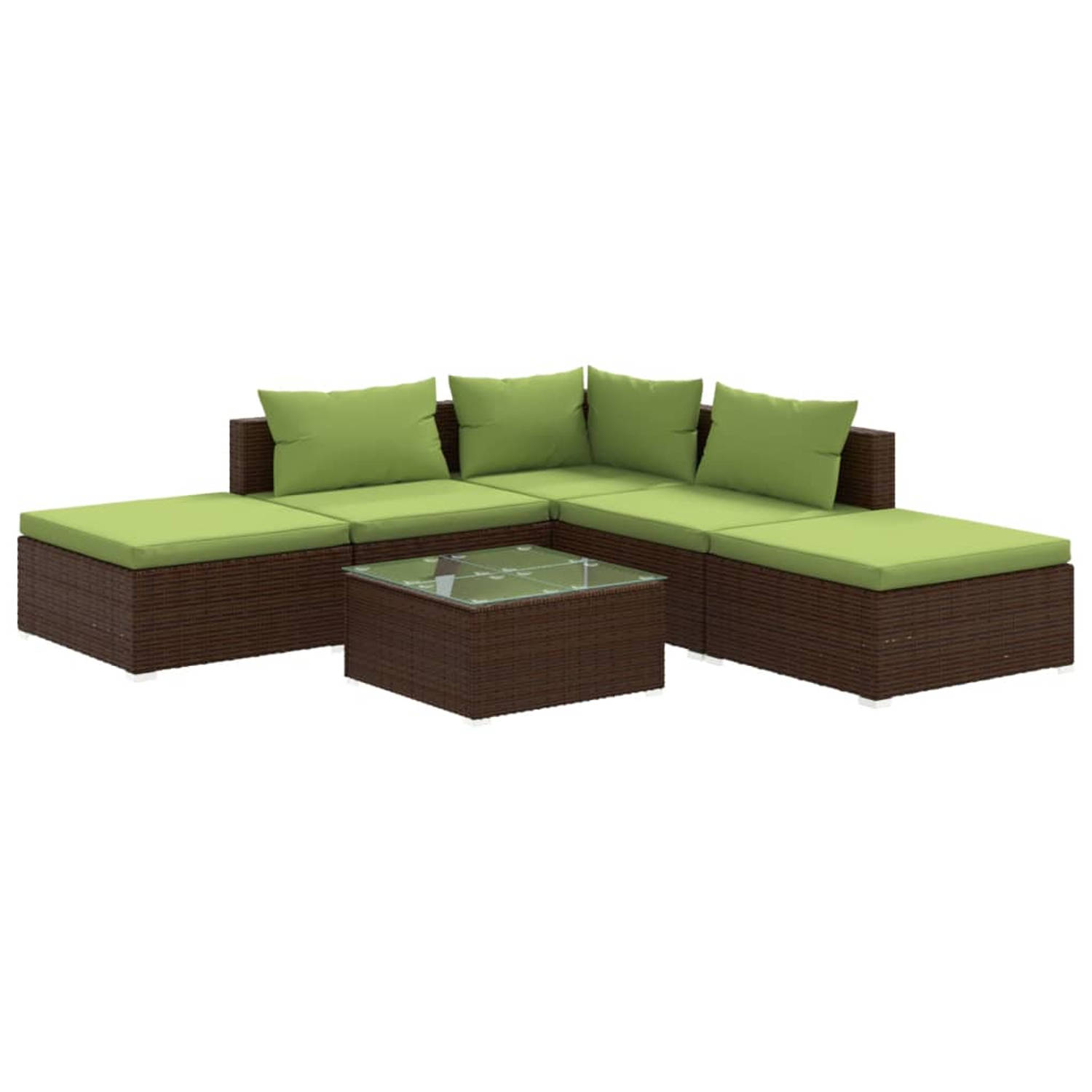 The Living Store 6-delige Loungeset met kussens poly rattan bruin - Tuinset