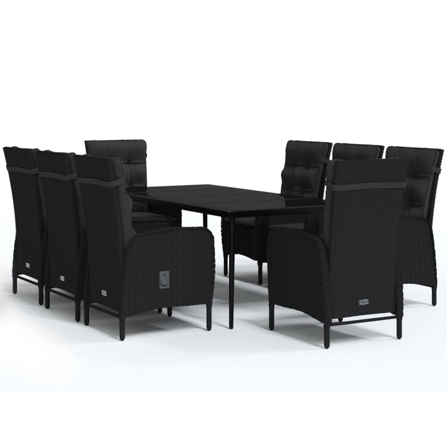The Living Store Tuinmeubelset - zwart - PE-rattan - gepoedercoat staal en glas - 200 x 100 x 74 cm (L x B x H) - 58 x 63 x 108 cm (B x D x H) - 1 tafel 8 stoelen 8 kussens