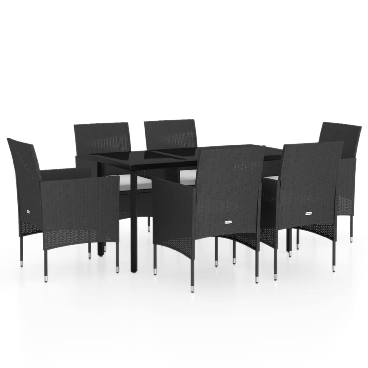 The Living Store Tuinmeubelset - zwart - PE-rattan - gepoedercoat staal - glas - 140x70x74 cm - 6 stoelen - 6 kussens