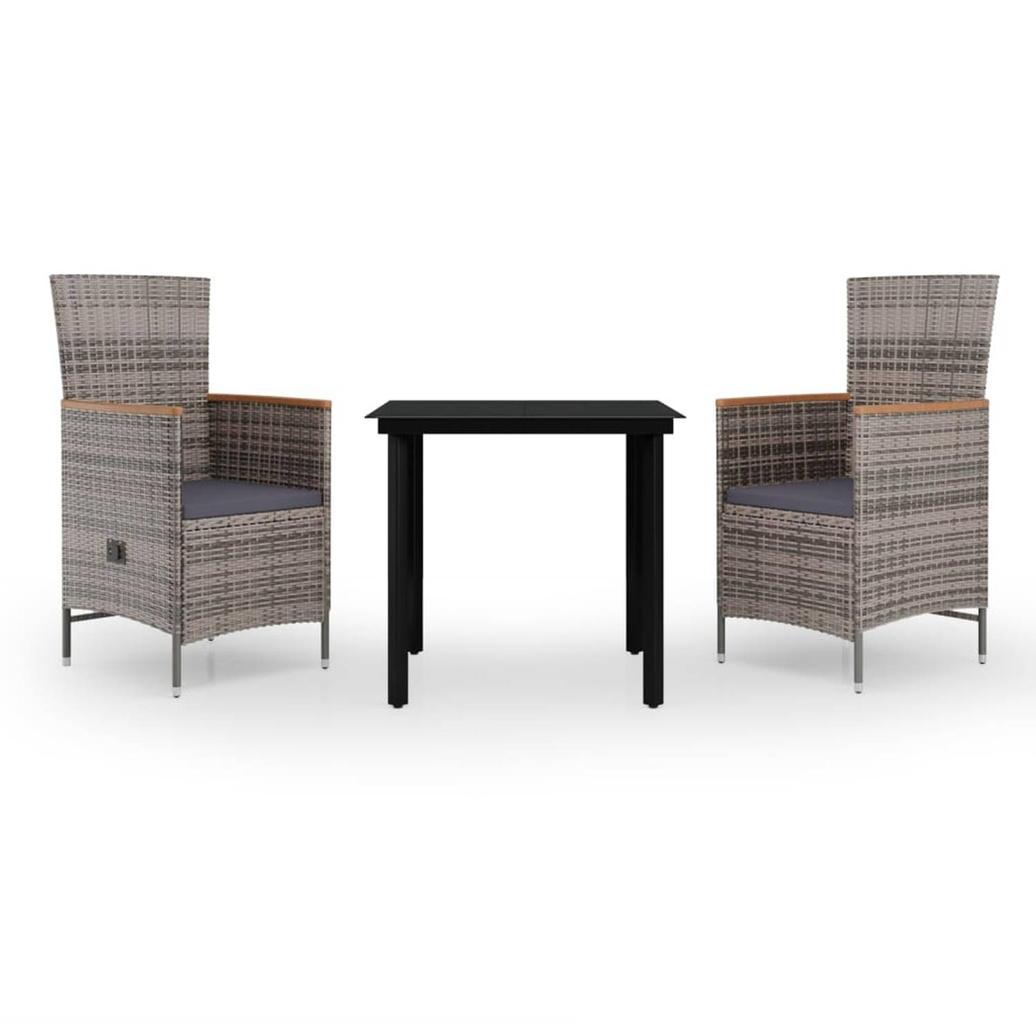 The Living Store tuinmeubelset - grijs/zwart - 80x80x74 cm - verstelbare rugleuning - PE-rattan - stalen frame - glazen tafelblad - 2 stoelen - 2 zitkussens